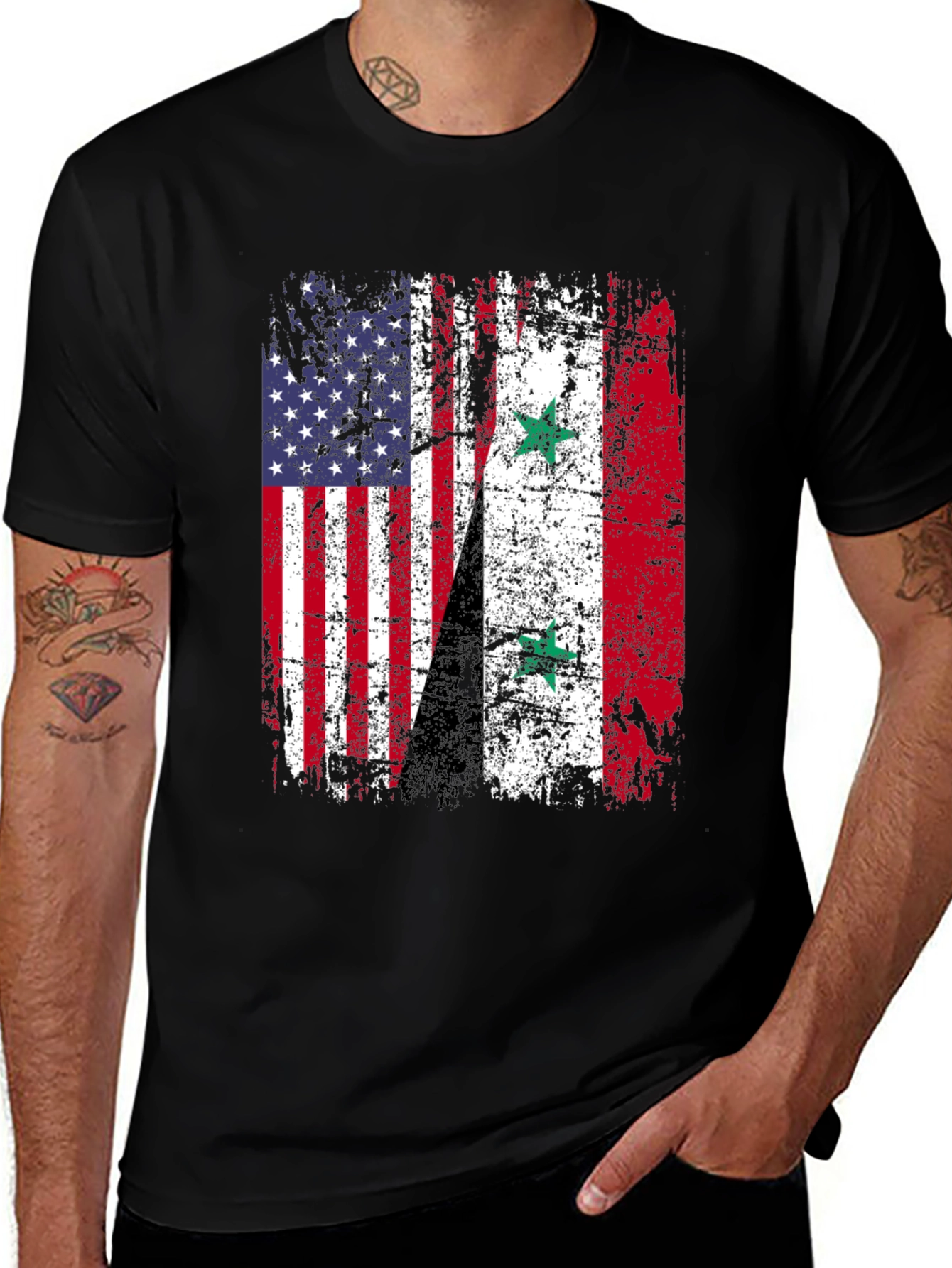 USA Syria Flag Distressed T-Shirt