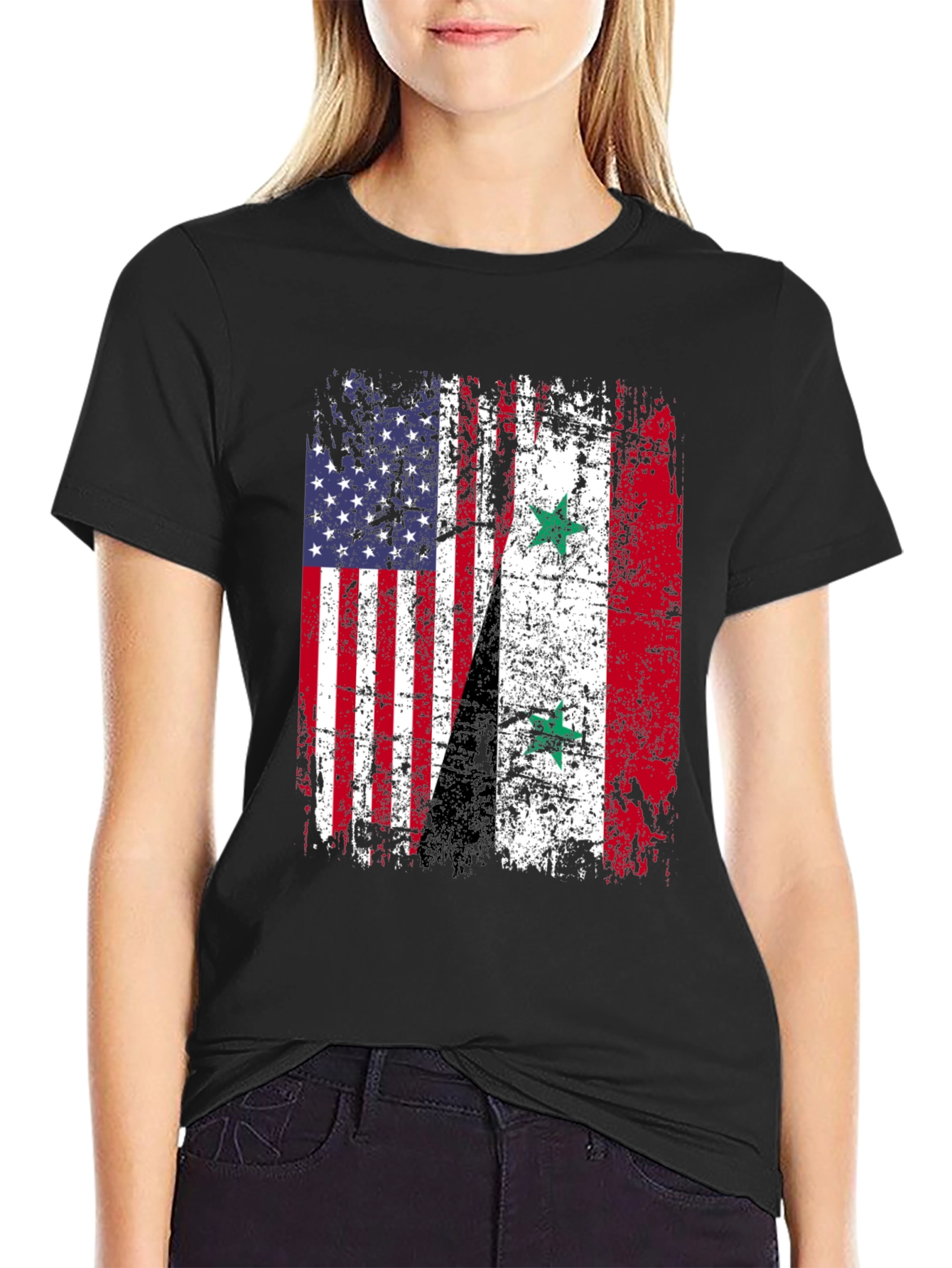 USA Syria Flag Distressed T-Shirt