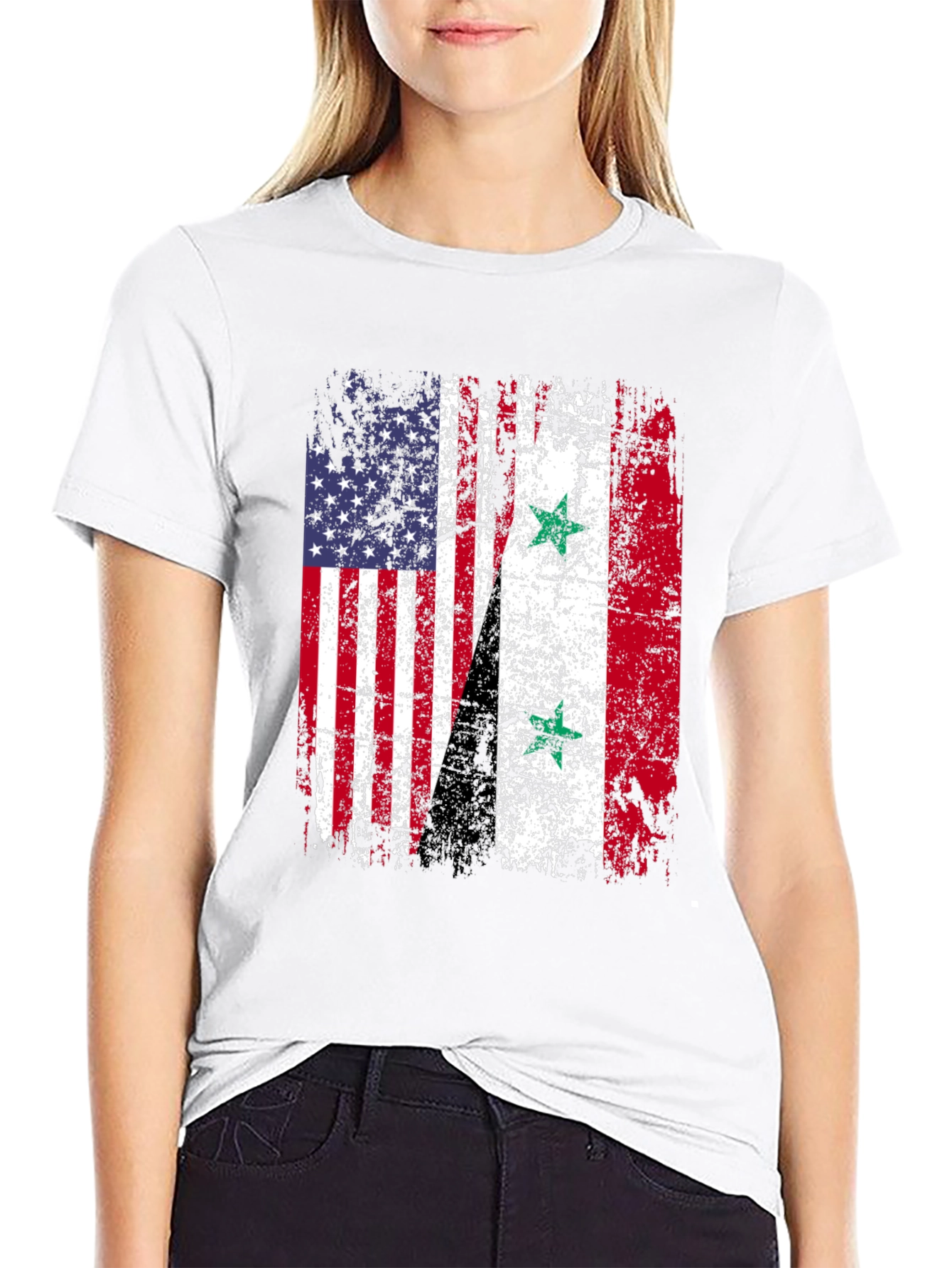 USA Syria Flag Distressed T-Shirt