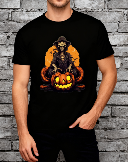 Halloween Skeleton Pumpkin Graphic T-Shirt - 100% Cotton, Versatile for Halloween & Casual Occasions. With a one-of-a-kind skeleton and pumpkin design you won't find anywhere else, get ready to be the star of the haunted night!