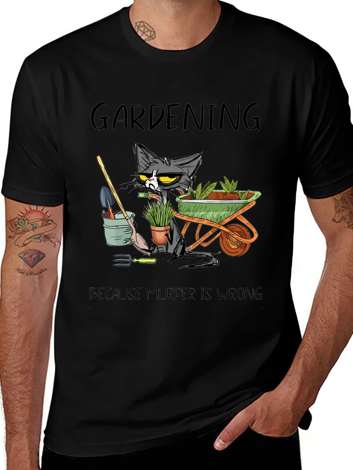 Gardening Cat Graphic T-Shirt - Murder Is Wrong