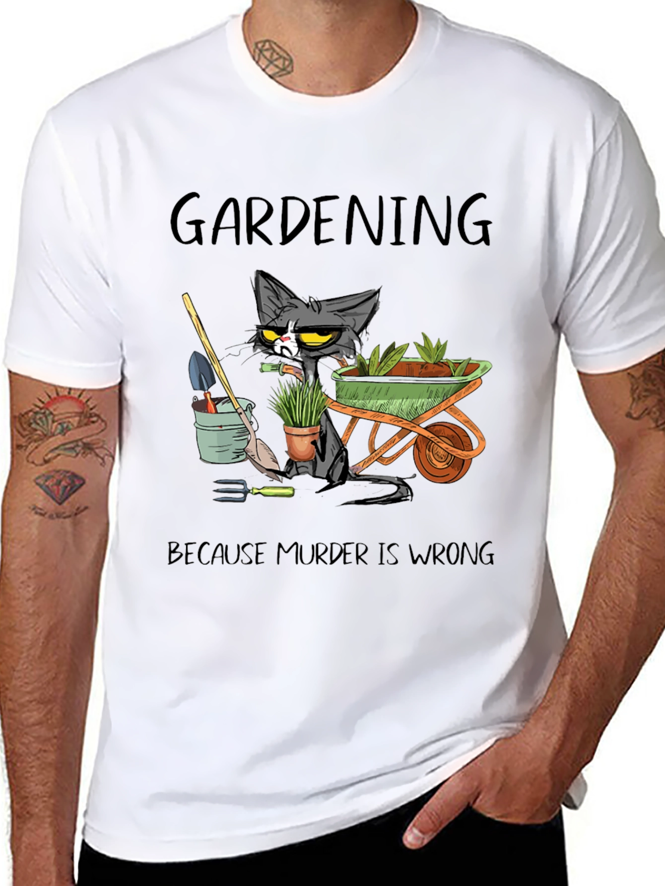 Gardening Cat Graphic T-Shirt - Murder Is Wrong