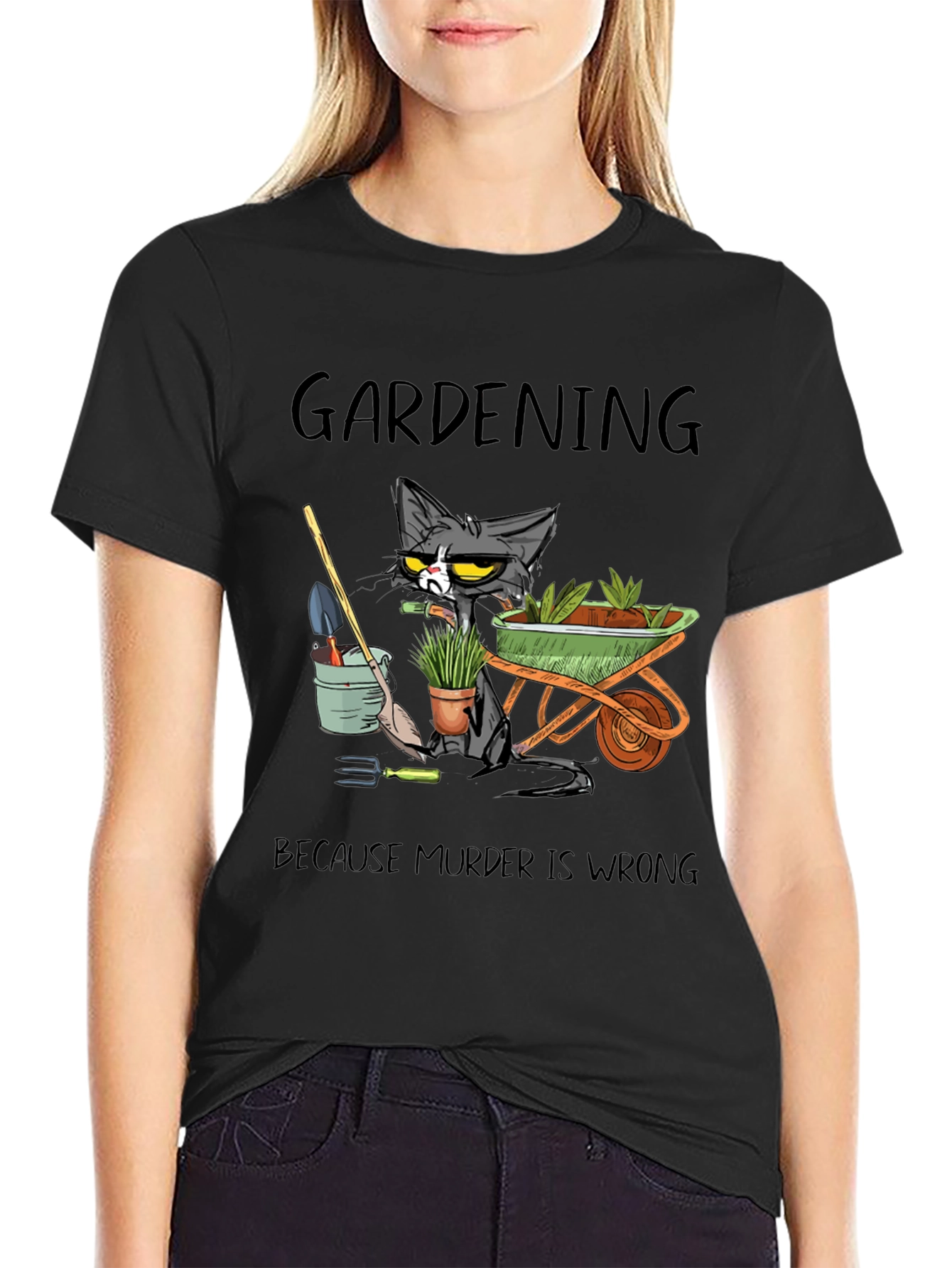 Gardening Cat Graphic T-Shirt - Murder Is Wrong