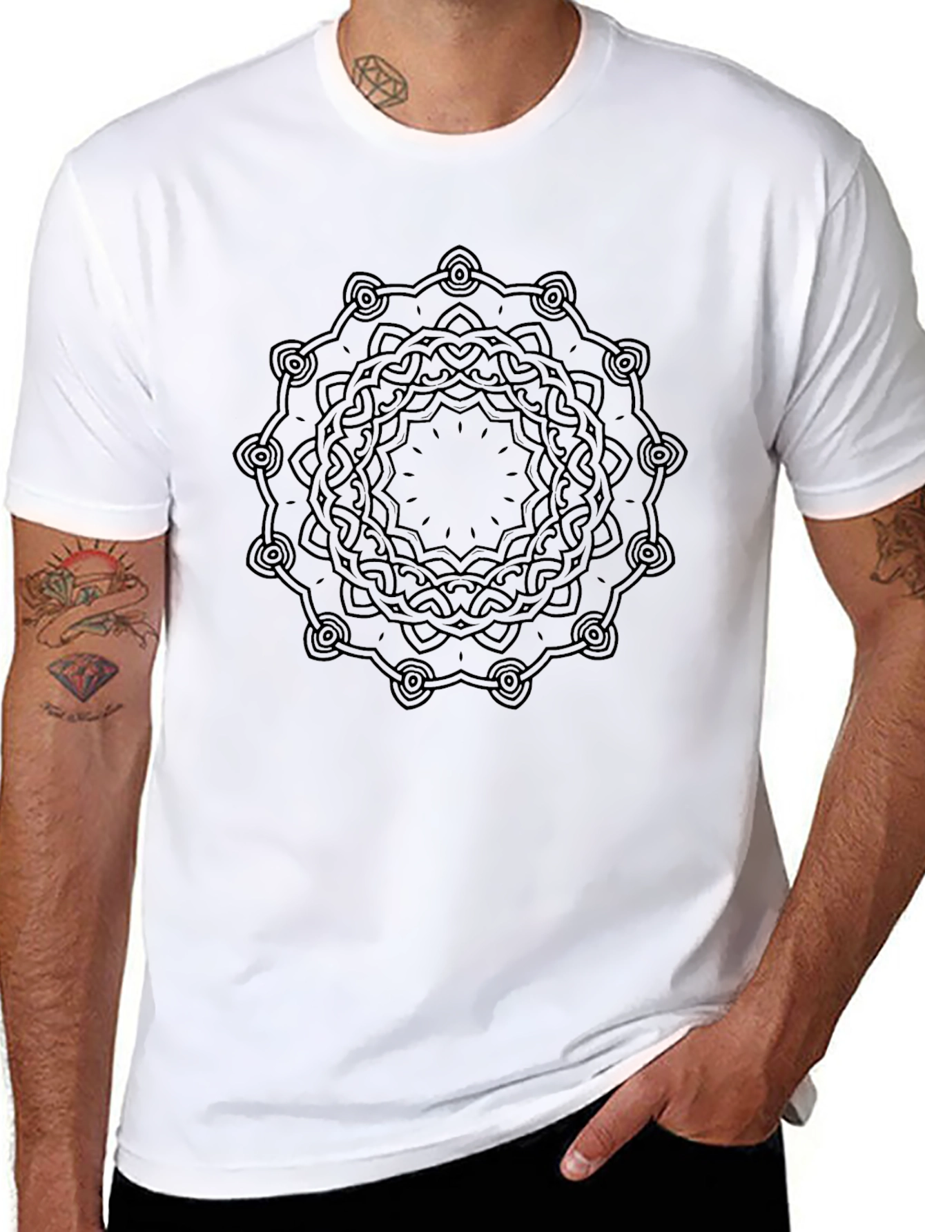 Black T-Shirt with Geometric Mandala Design
