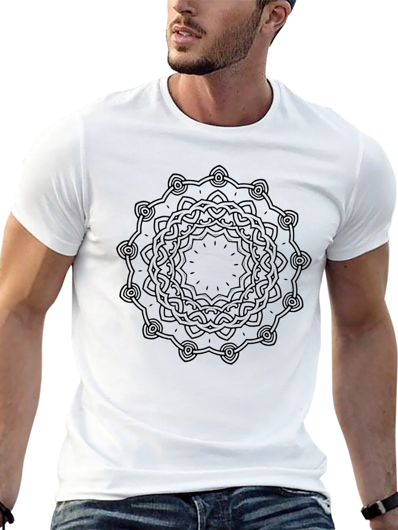 Black T-Shirt with Geometric Mandala Design