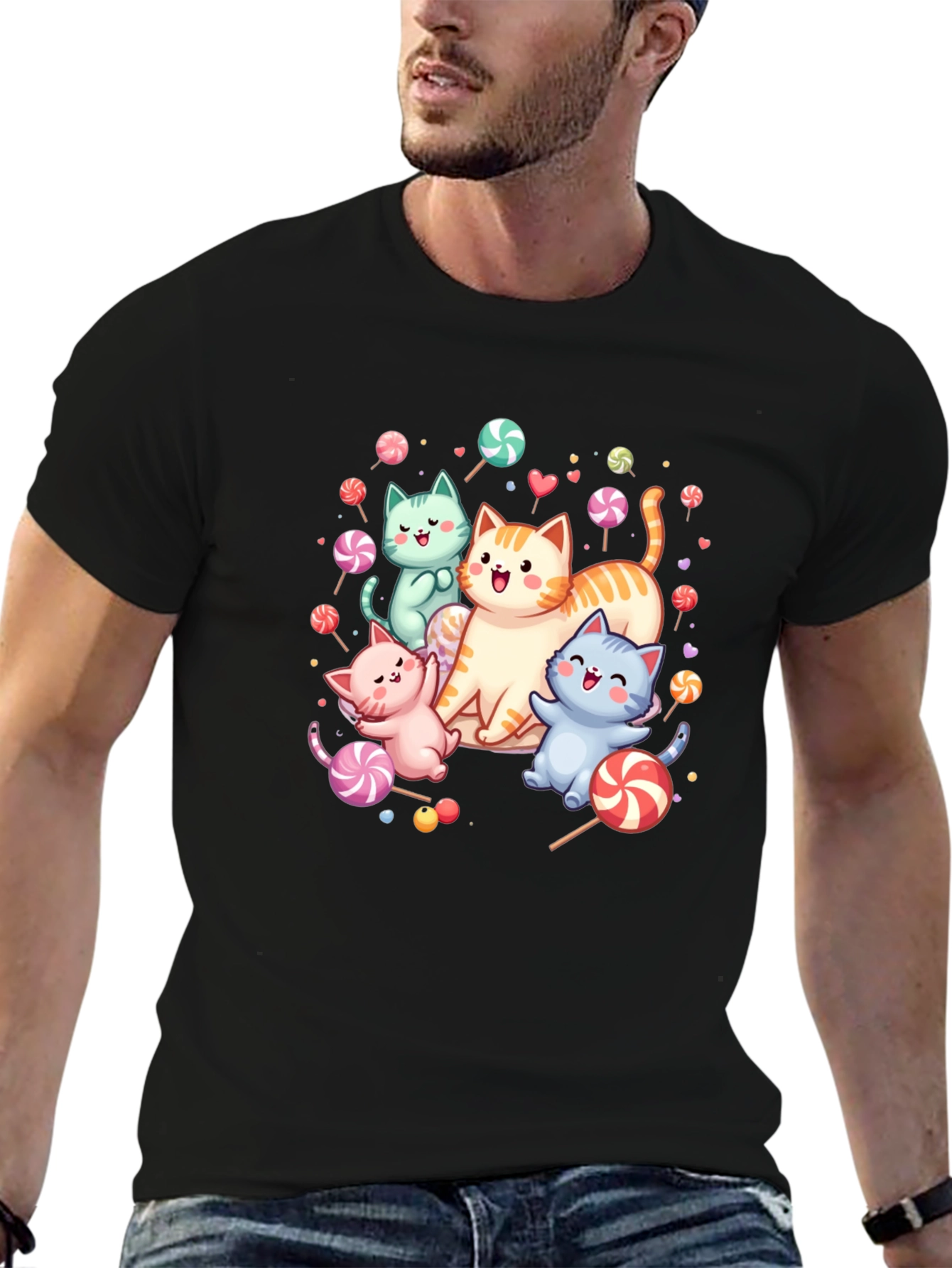 Cute Cats & Candy Black T-Shirt