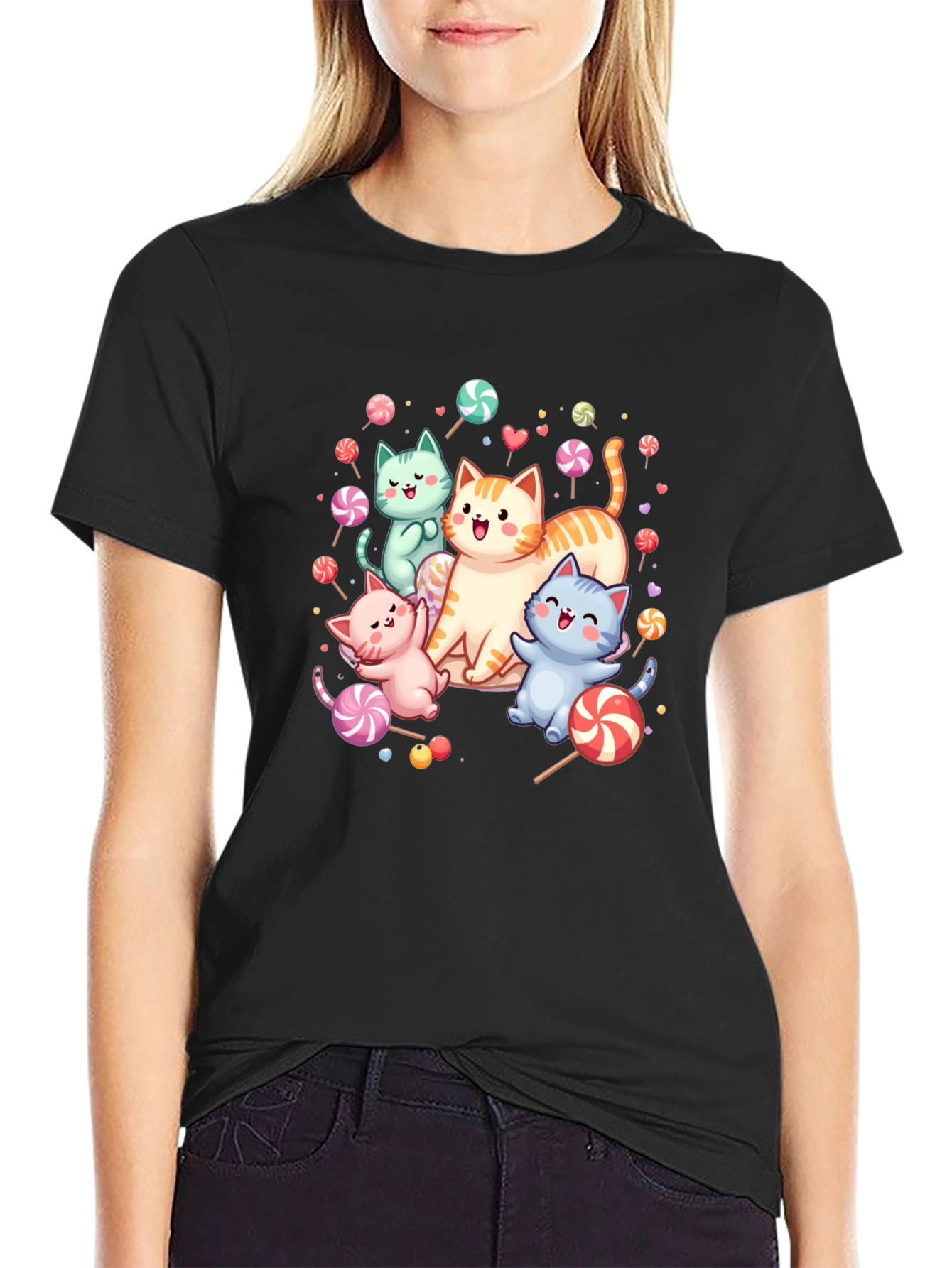 Cute Cats & Candy Black T-Shirt