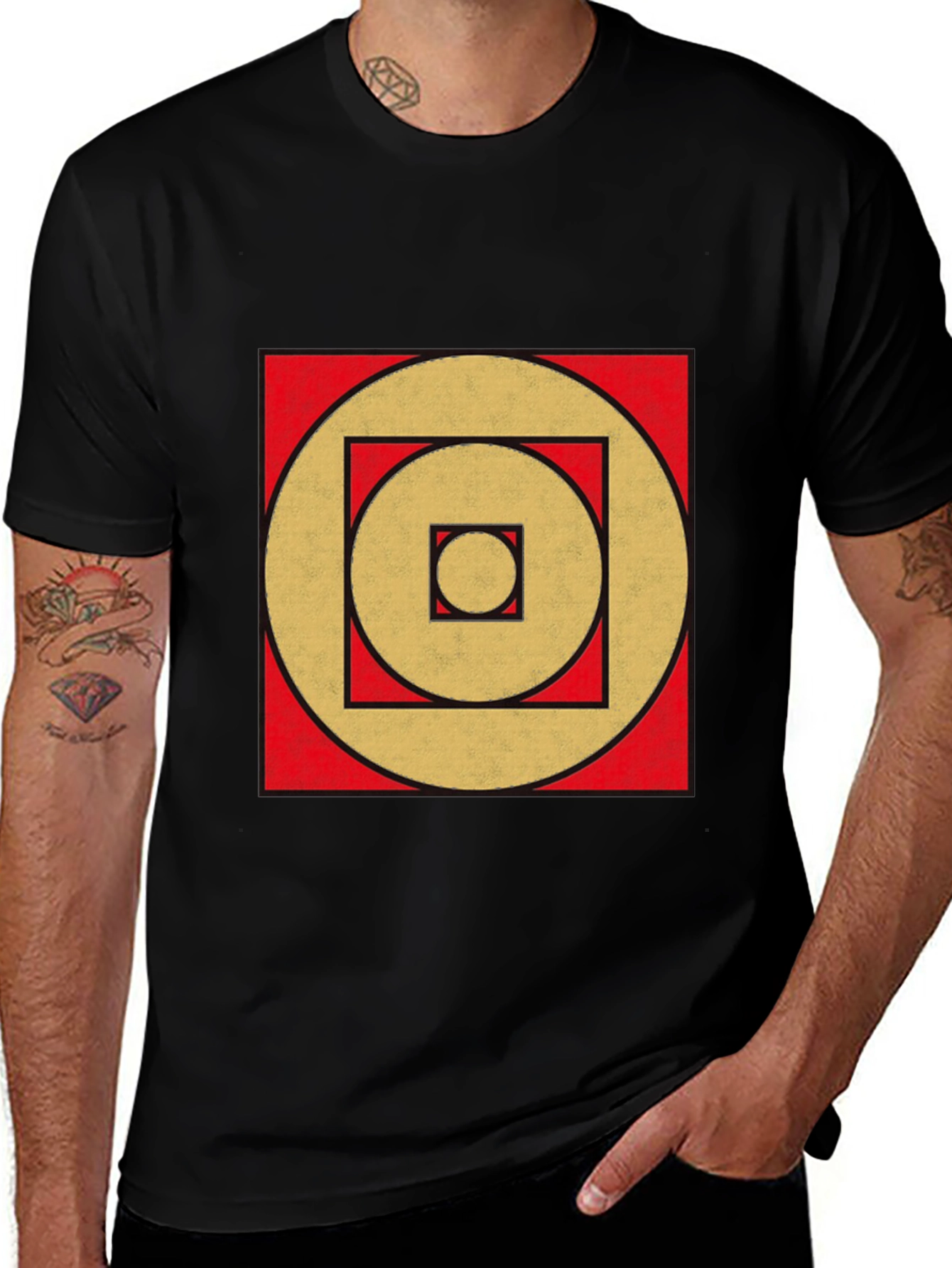 Geometric Gold Circle Square Black Tee