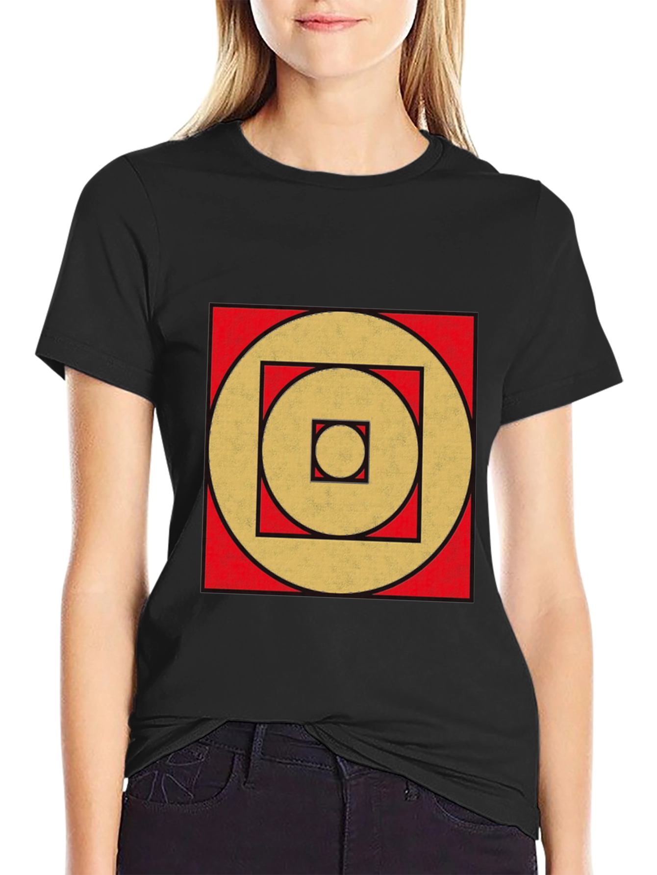 Geometric Gold Circle Square Black Tee