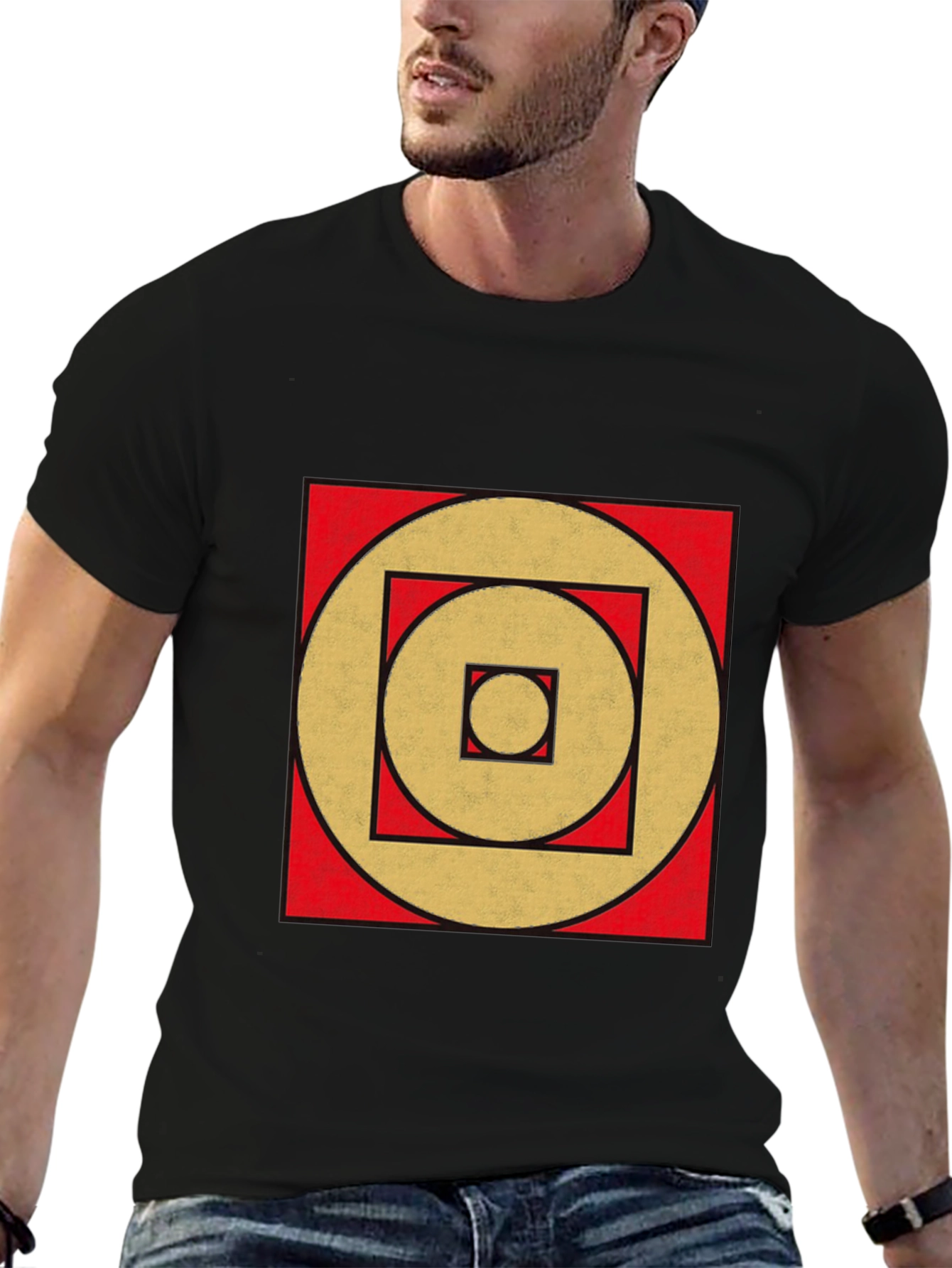 Geometric Gold Circle Square Black Tee