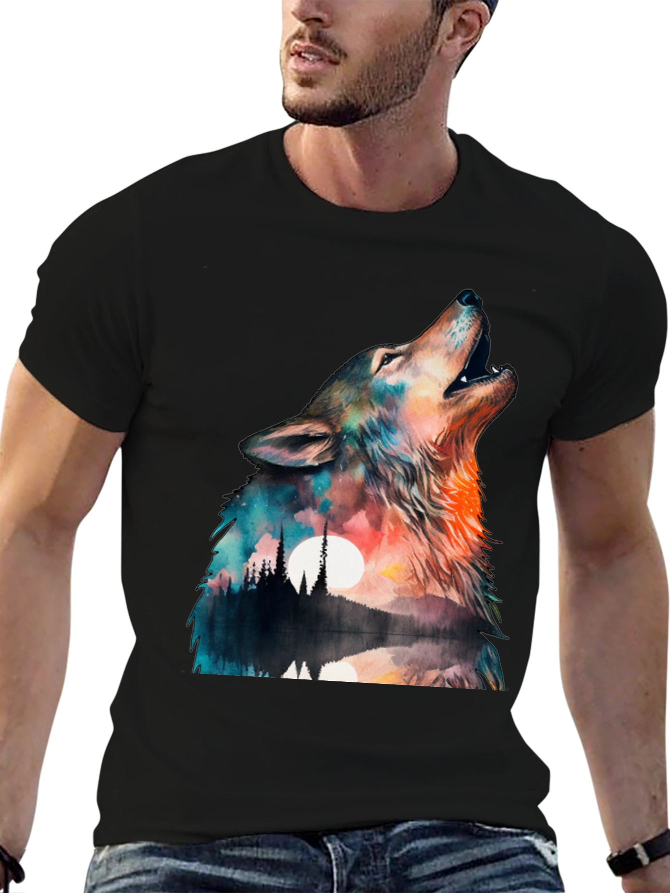 Wolf Landscape Graphic Tee - Mens Black T-Shirt