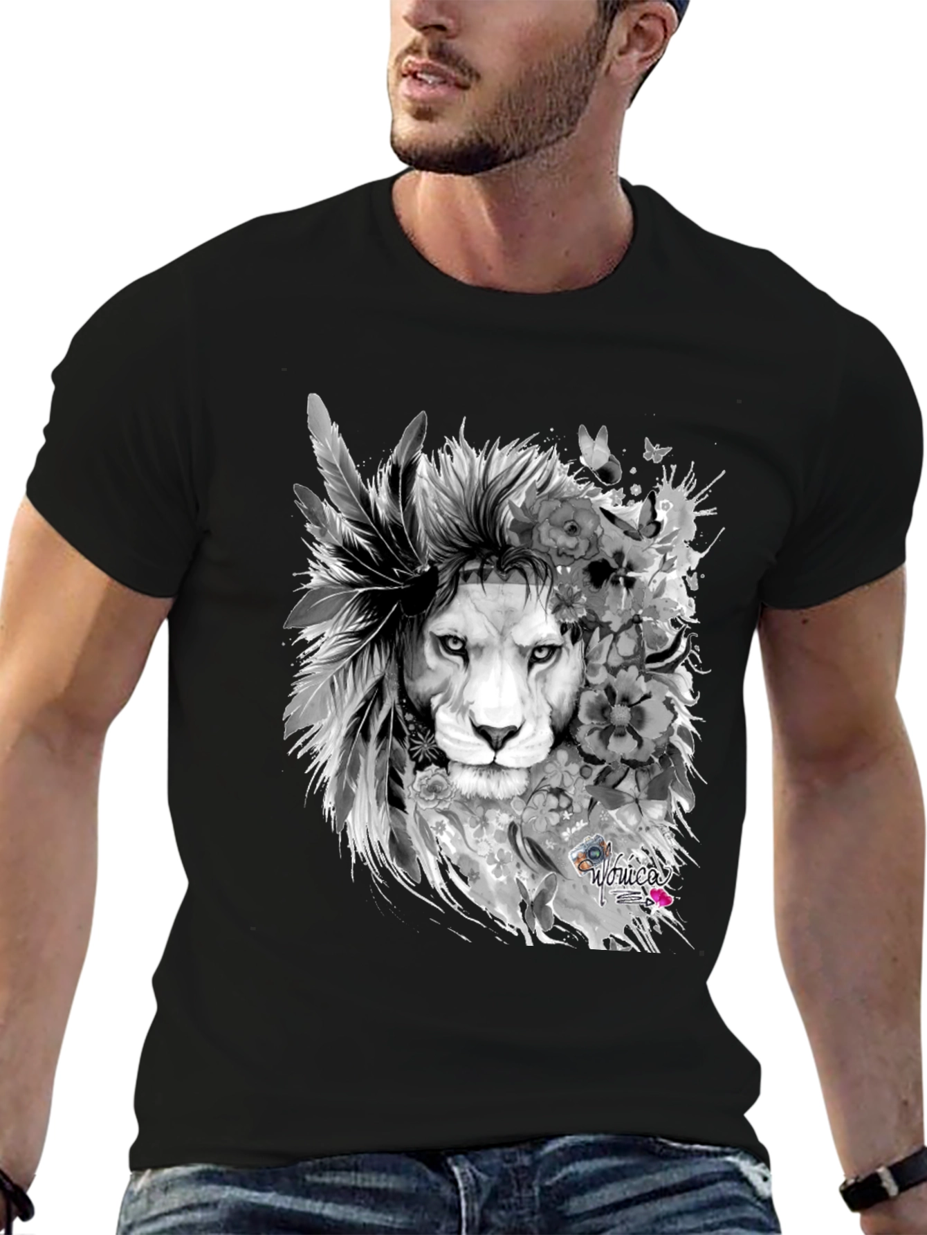 Lion Graphic Print T-Shirt - Mens Black Tee