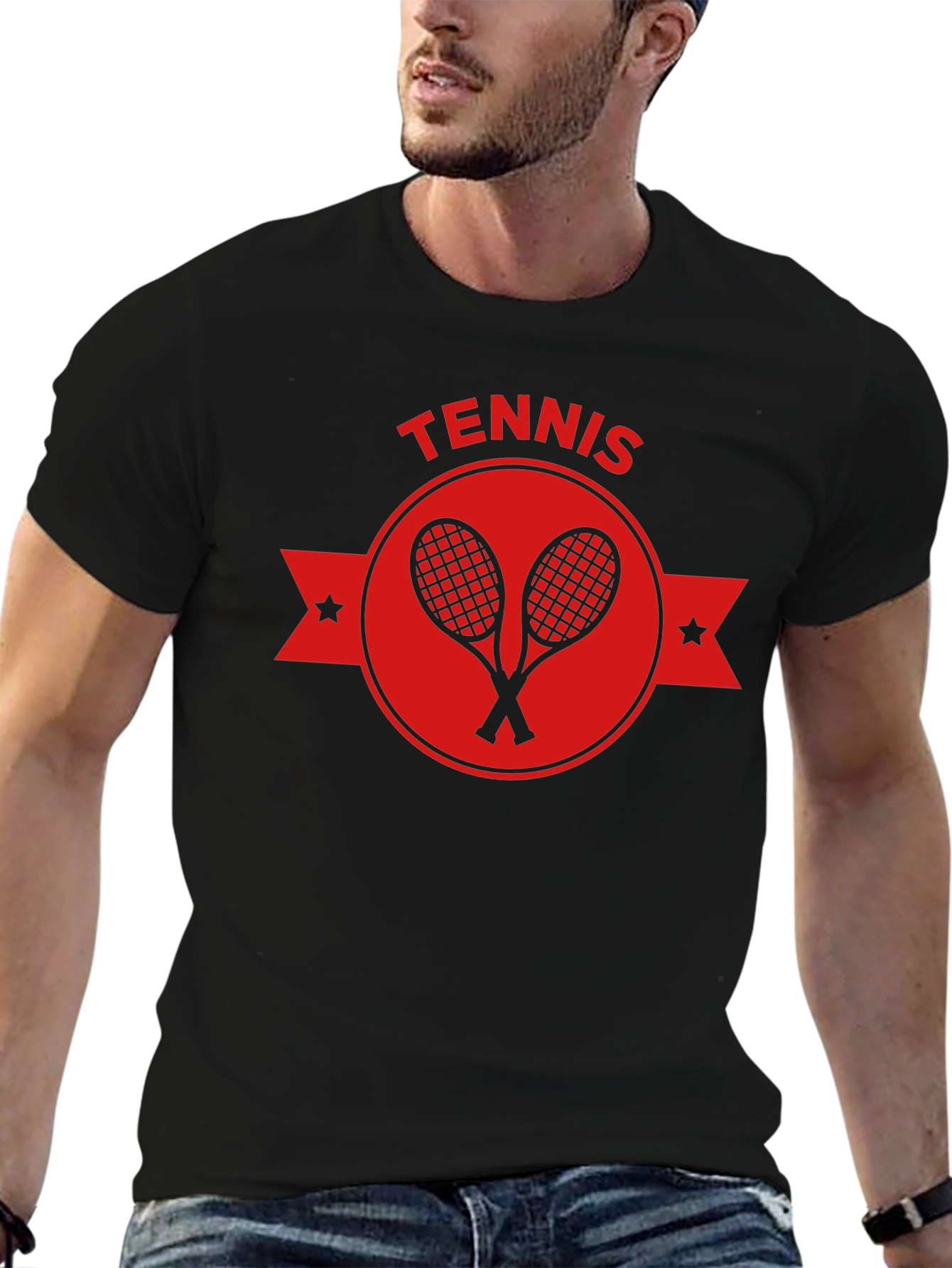 Tennis Racket Emblem Tee - Classic Black Cotton Shirt