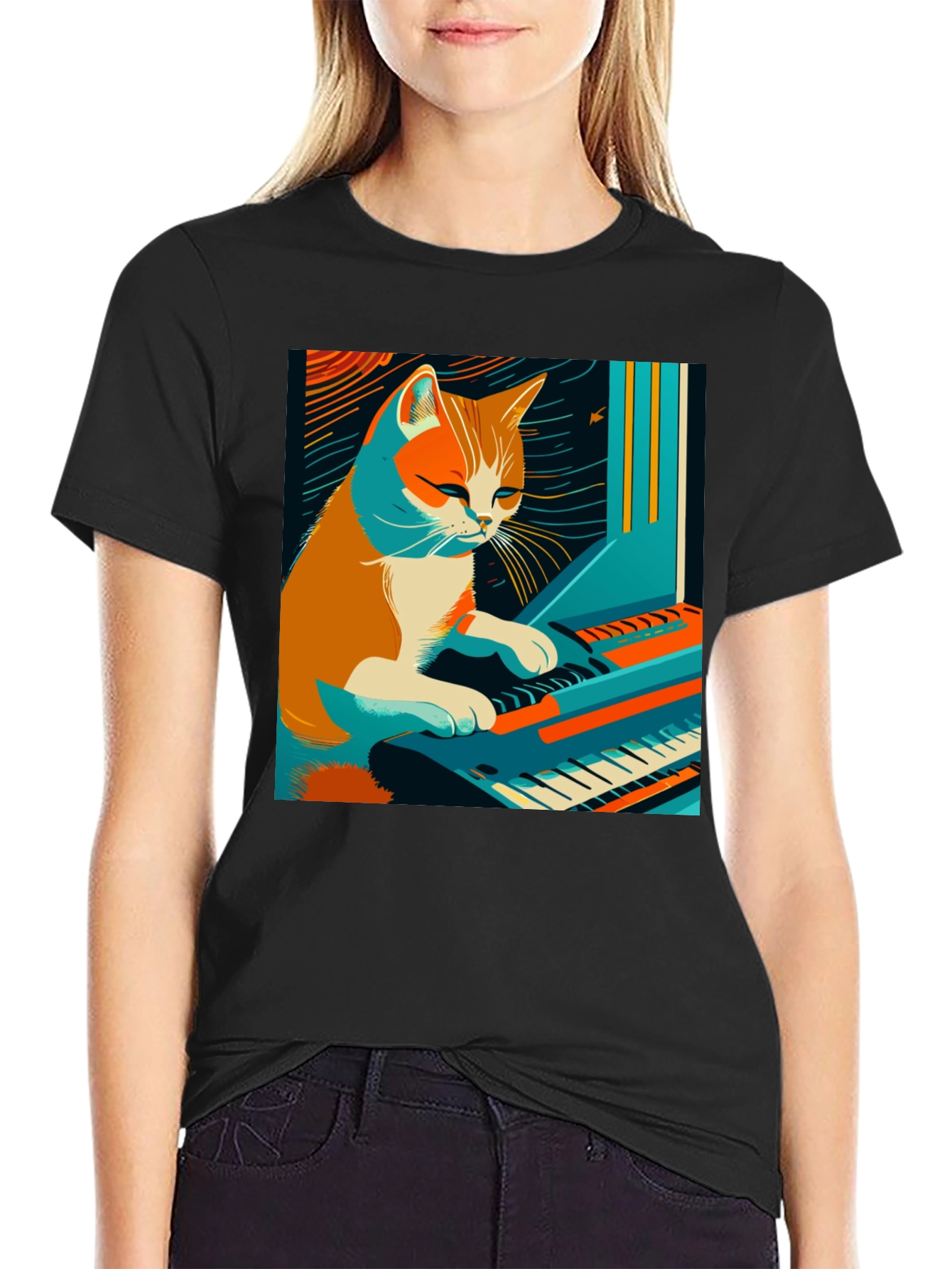 Cat Playing Piano Graphic Tee