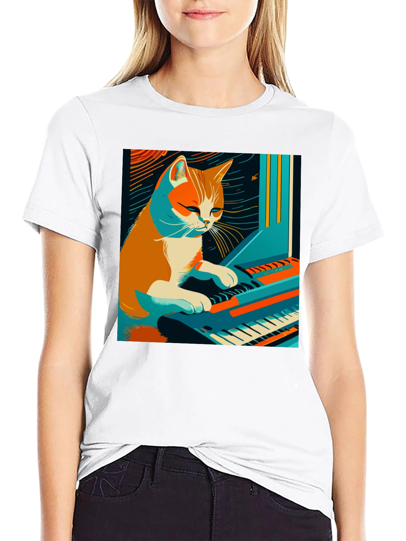 Cat Playing Piano Graphic Tee