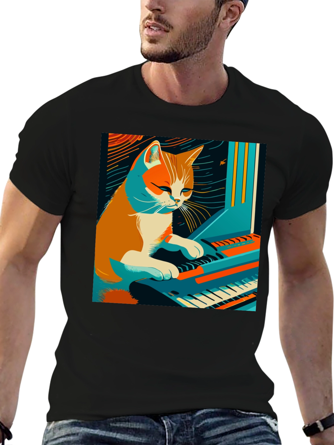 Cat Playing Piano Graphic Tee