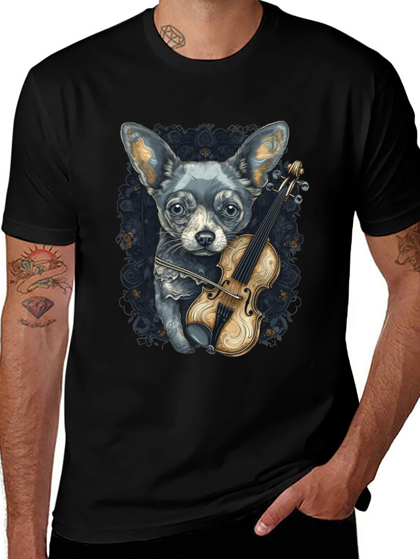 Dog with Violin Graphic Tee - Black
