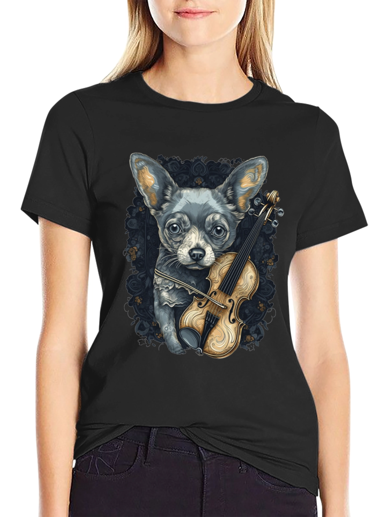 Dog with Violin Graphic Tee - Black