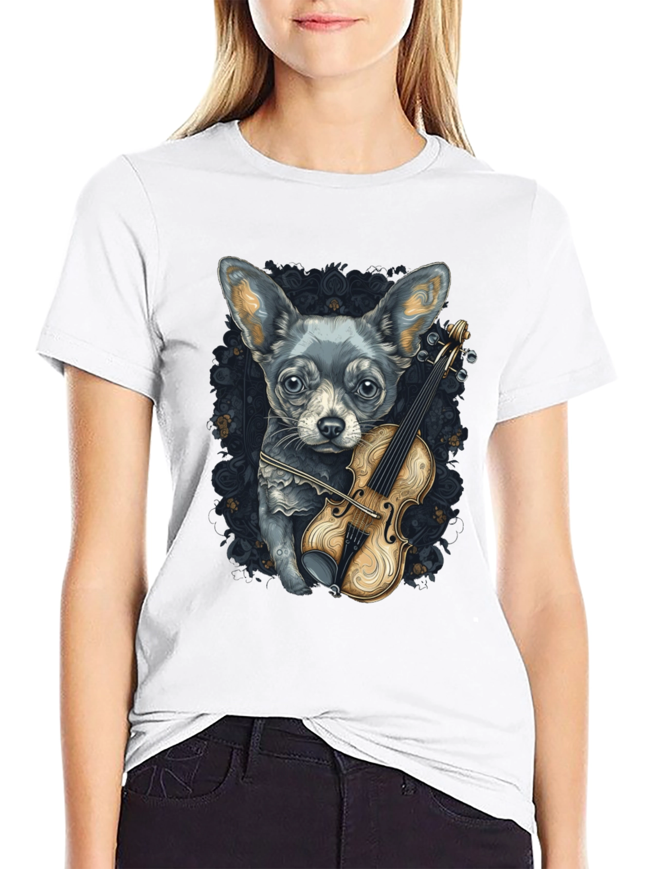 Dog with Violin Graphic Tee - Black