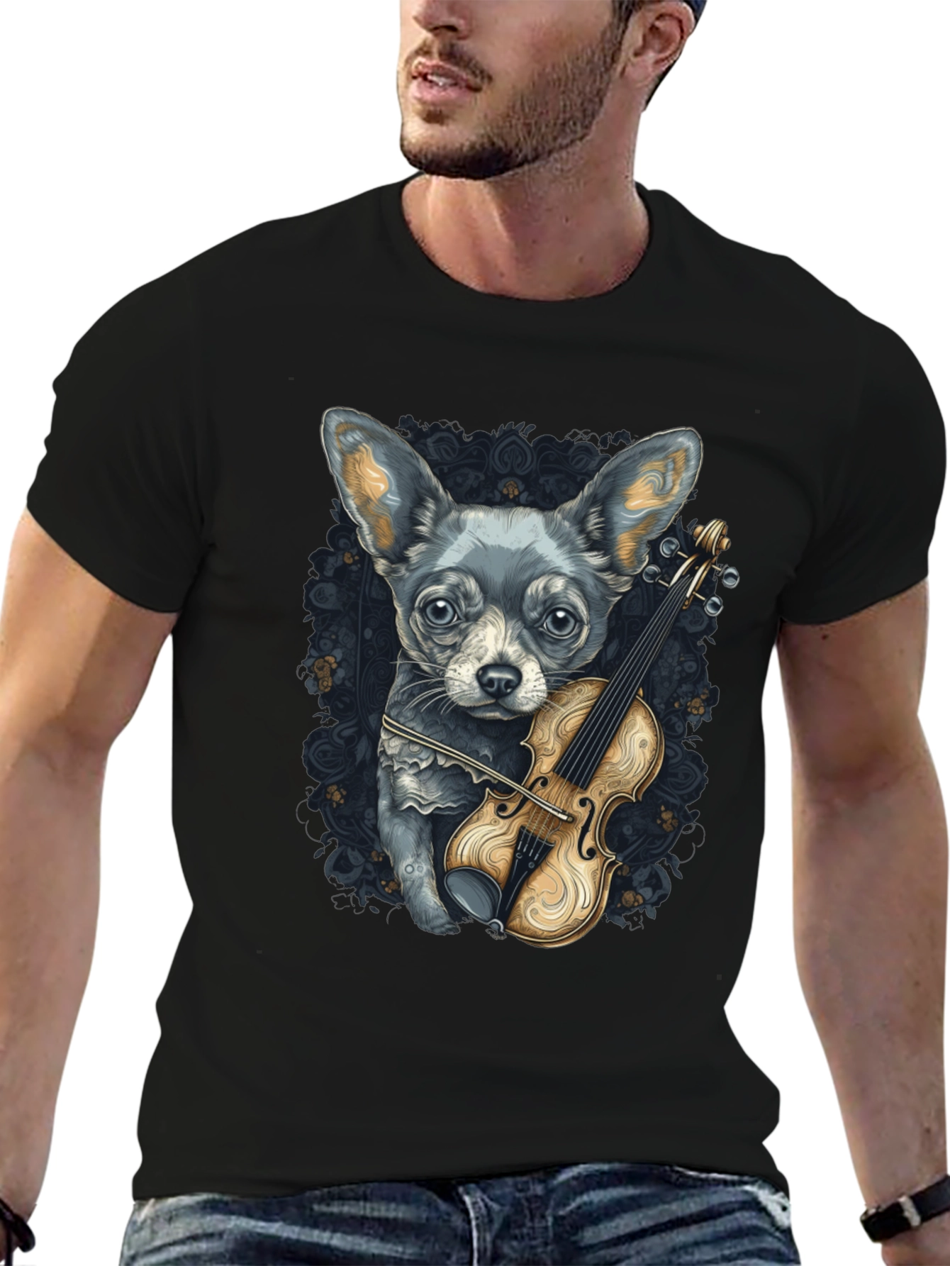 Dog with Violin Graphic Tee - Black