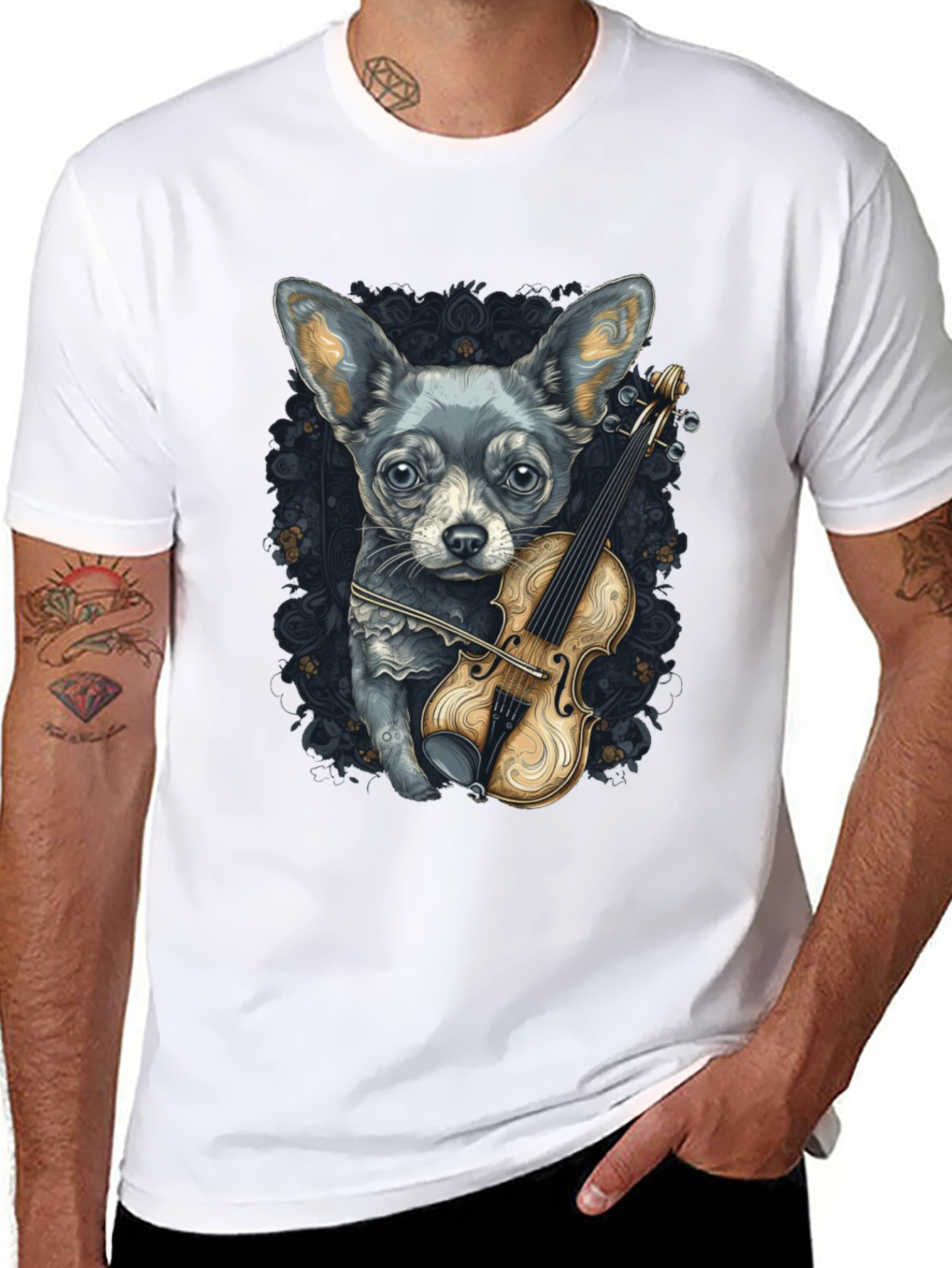 Dog with Violin Graphic Tee - Black
