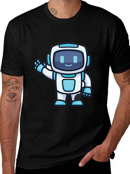 Cute Robot Graphic T-Shirt - Black Crew Neck