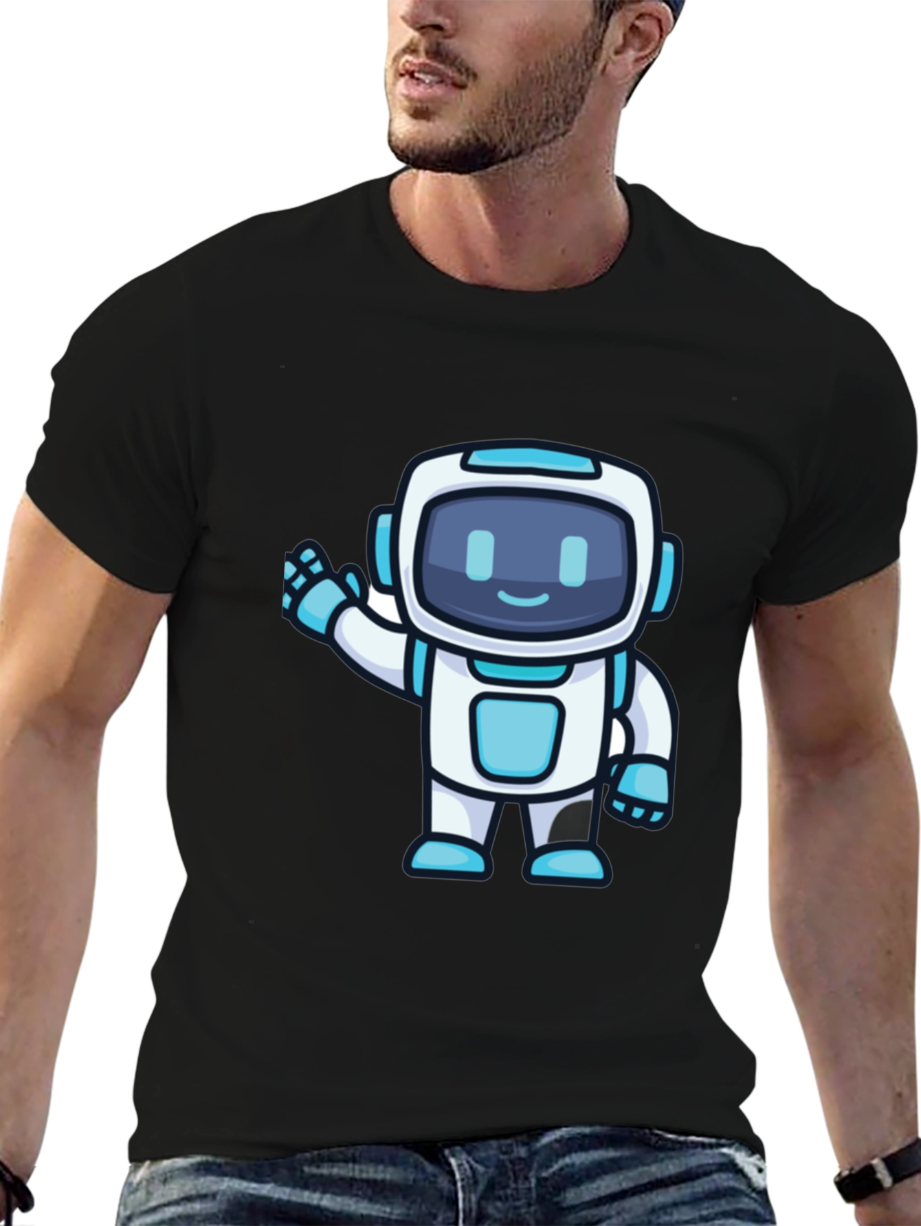 Cute Robot Graphic T-Shirt - Black Crew Neck