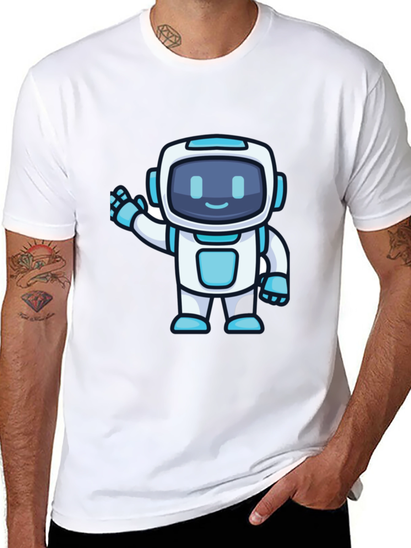 Cute Robot Graphic T-Shirt - Black Crew Neck
