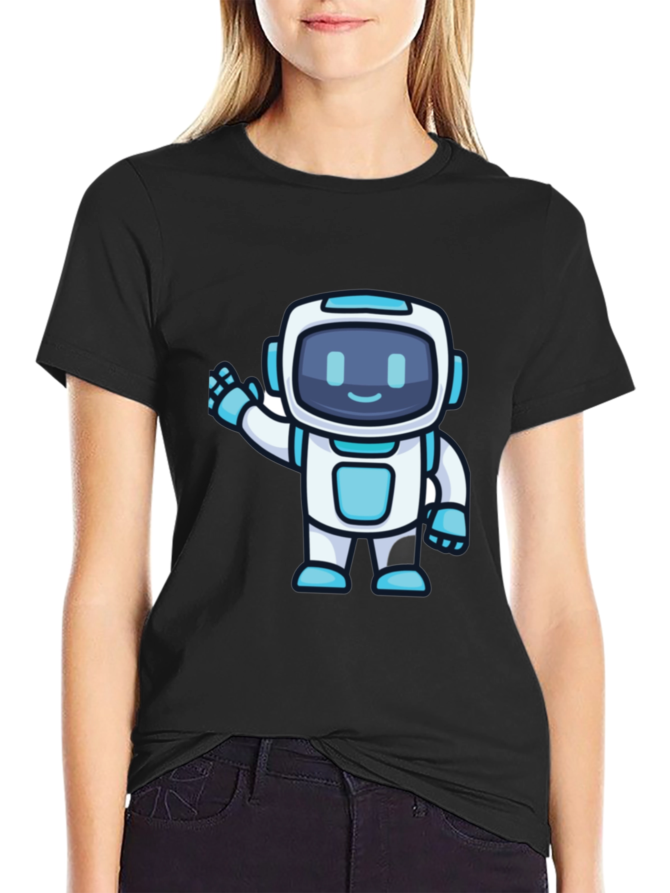Cute Robot Graphic T-Shirt - Black Crew Neck