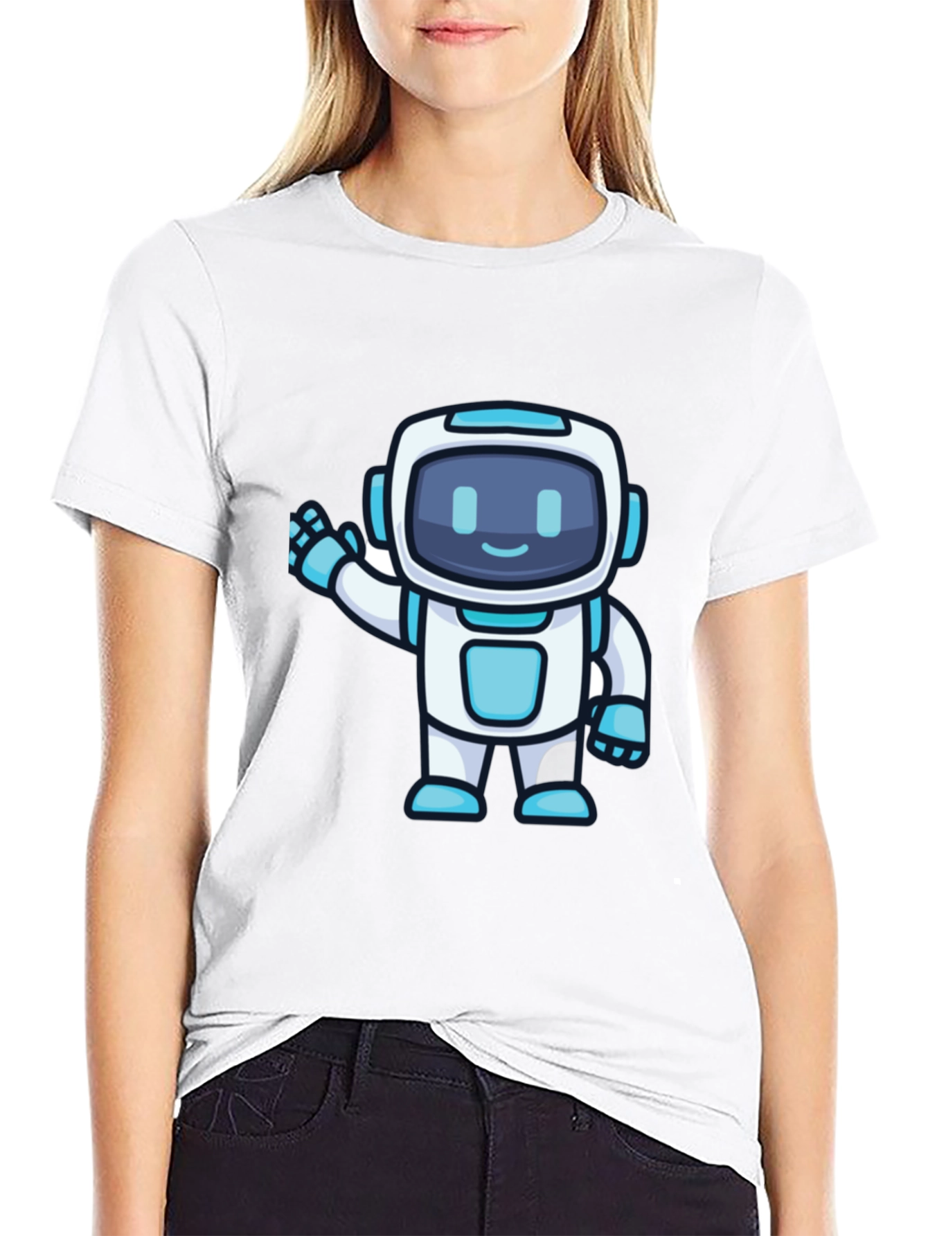 Cute Robot Graphic T-Shirt - Black Crew Neck