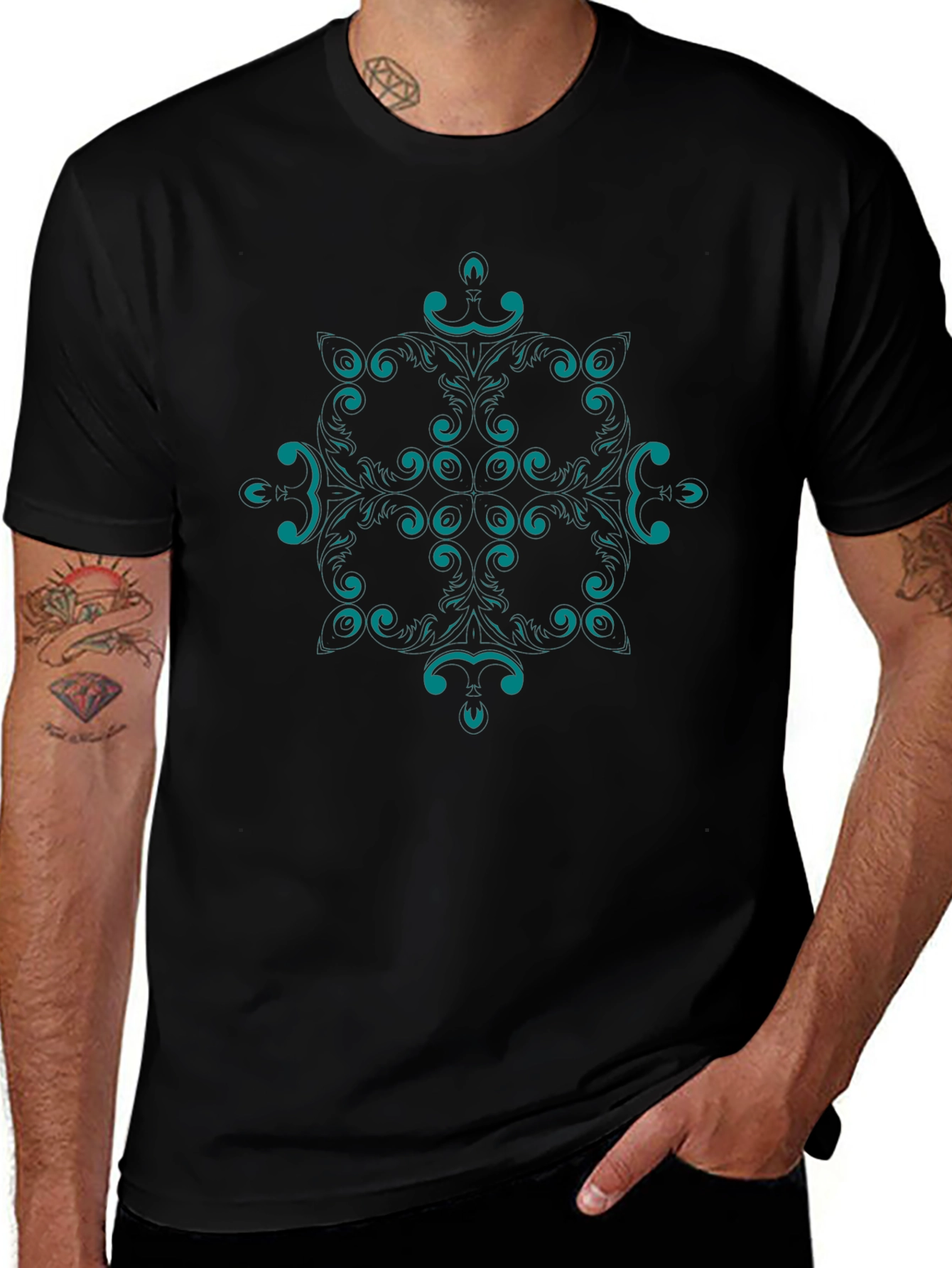 Abstract Teal Pattern Black T-Shirt