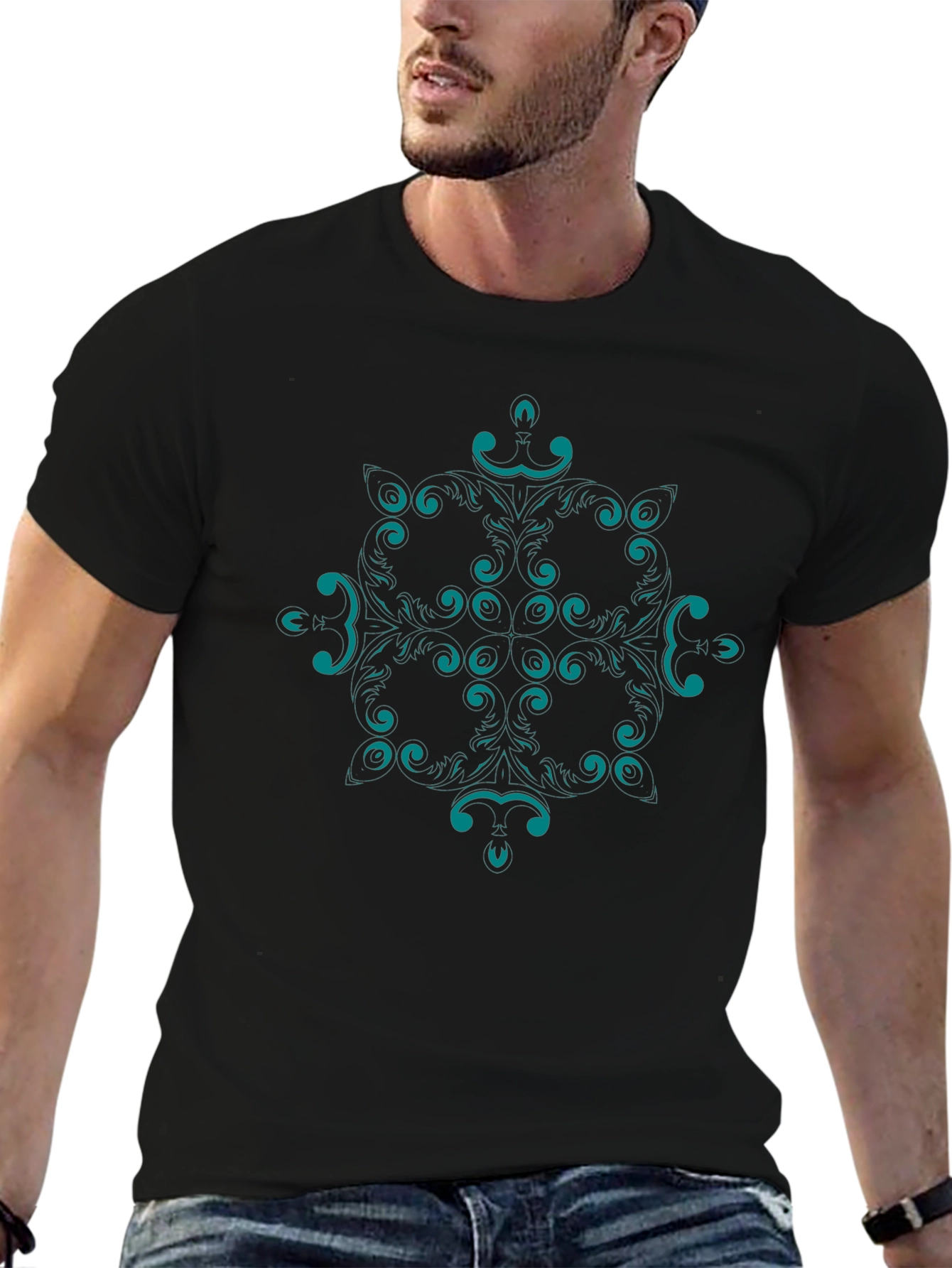 Abstract Teal Pattern Black T-Shirt