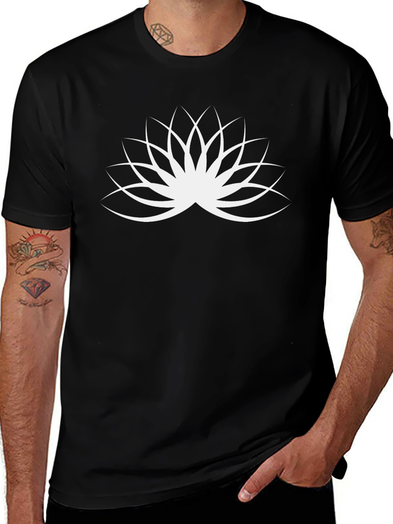 Black T-Shirt with White Lotus Flower Design
