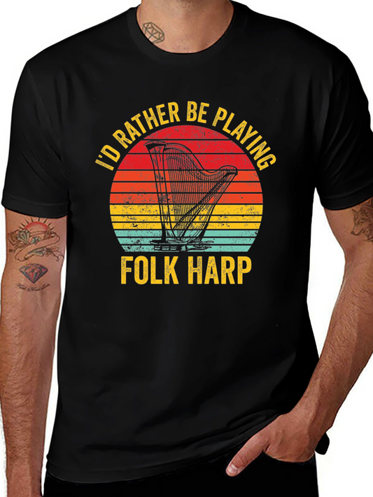 Folk Harp Player T-Shirt Retro Sunset Music Tee