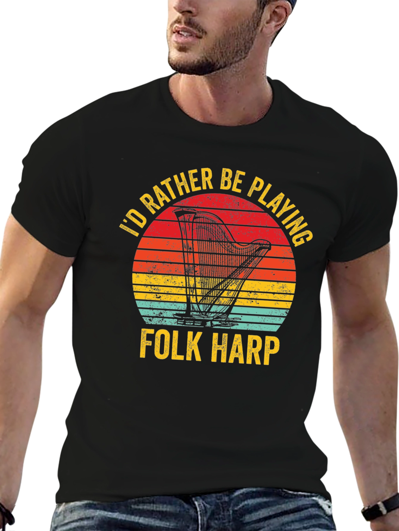 Folk Harp Player T-Shirt Retro Sunset Music Tee