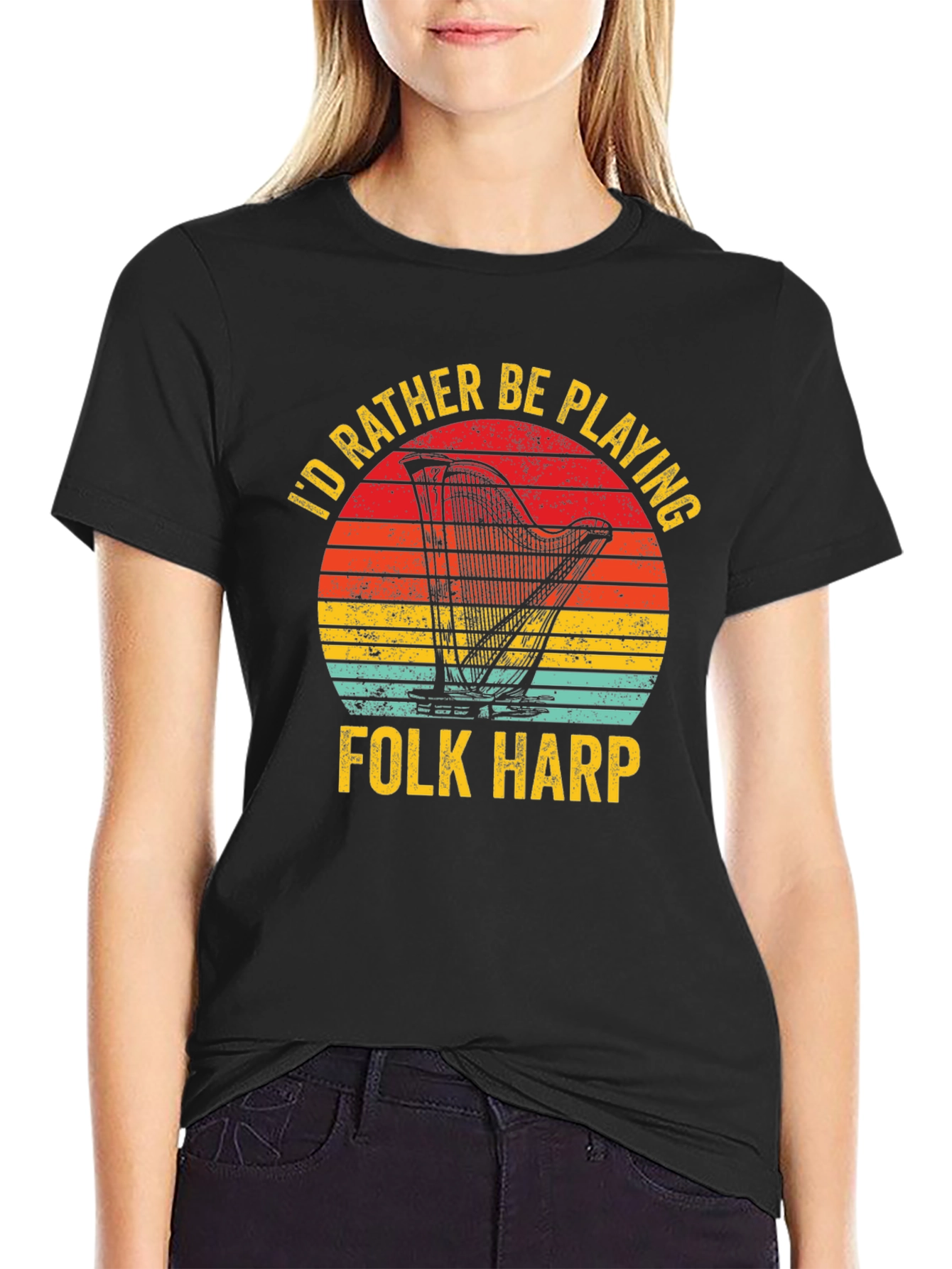 Folk Harp Player T-Shirt Retro Sunset Music Tee