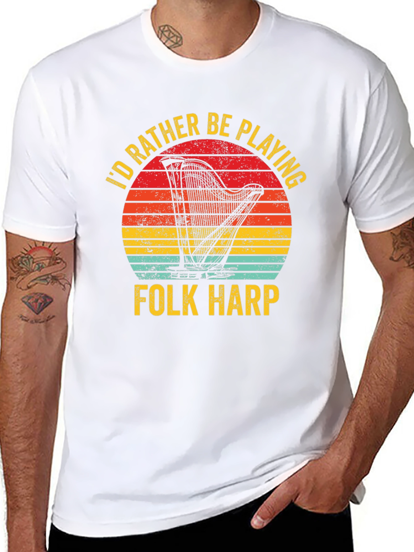 Folk Harp Player T-Shirt Retro Sunset Music Tee