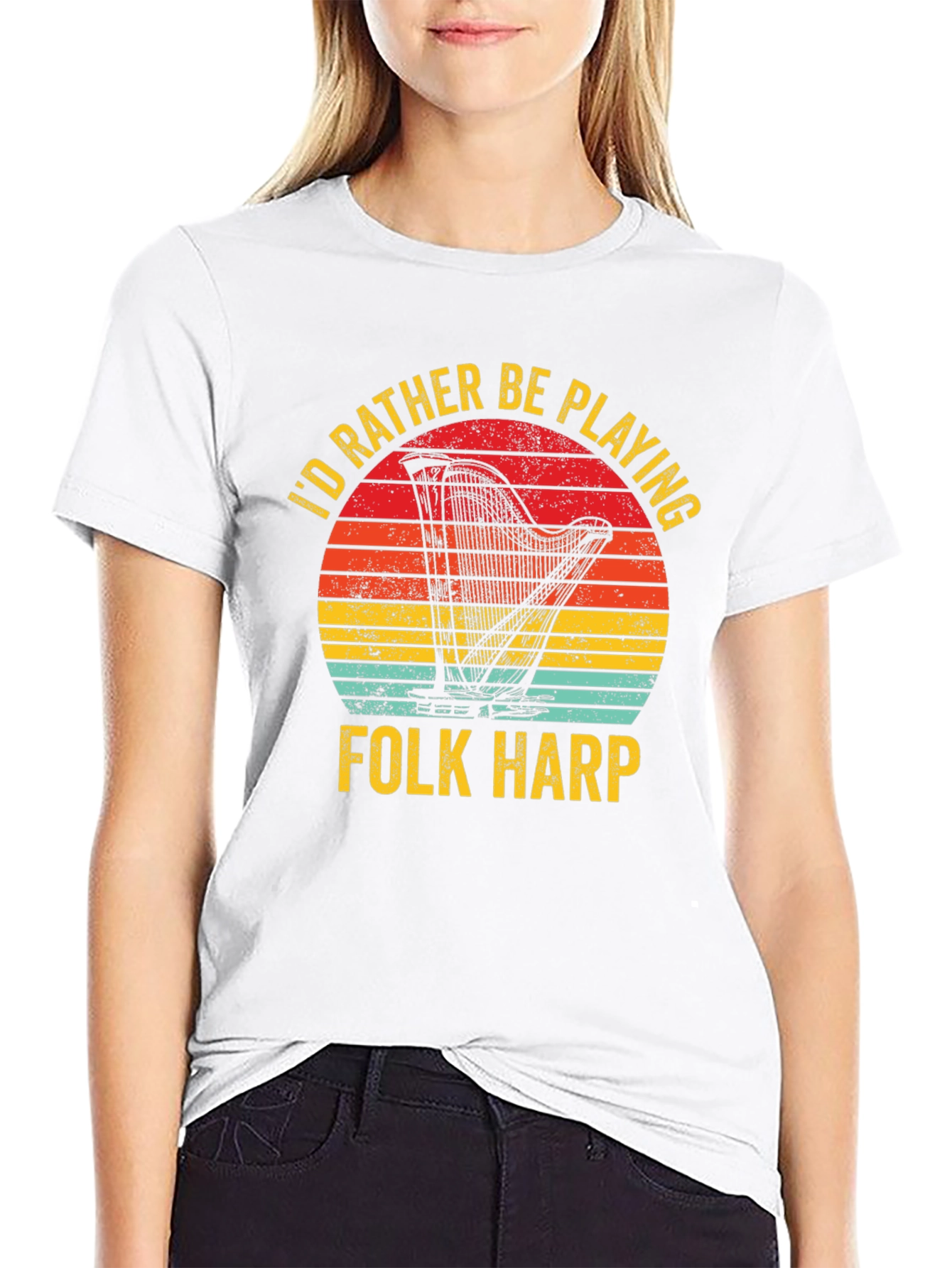 Folk Harp Player T-Shirt Retro Sunset Music Tee