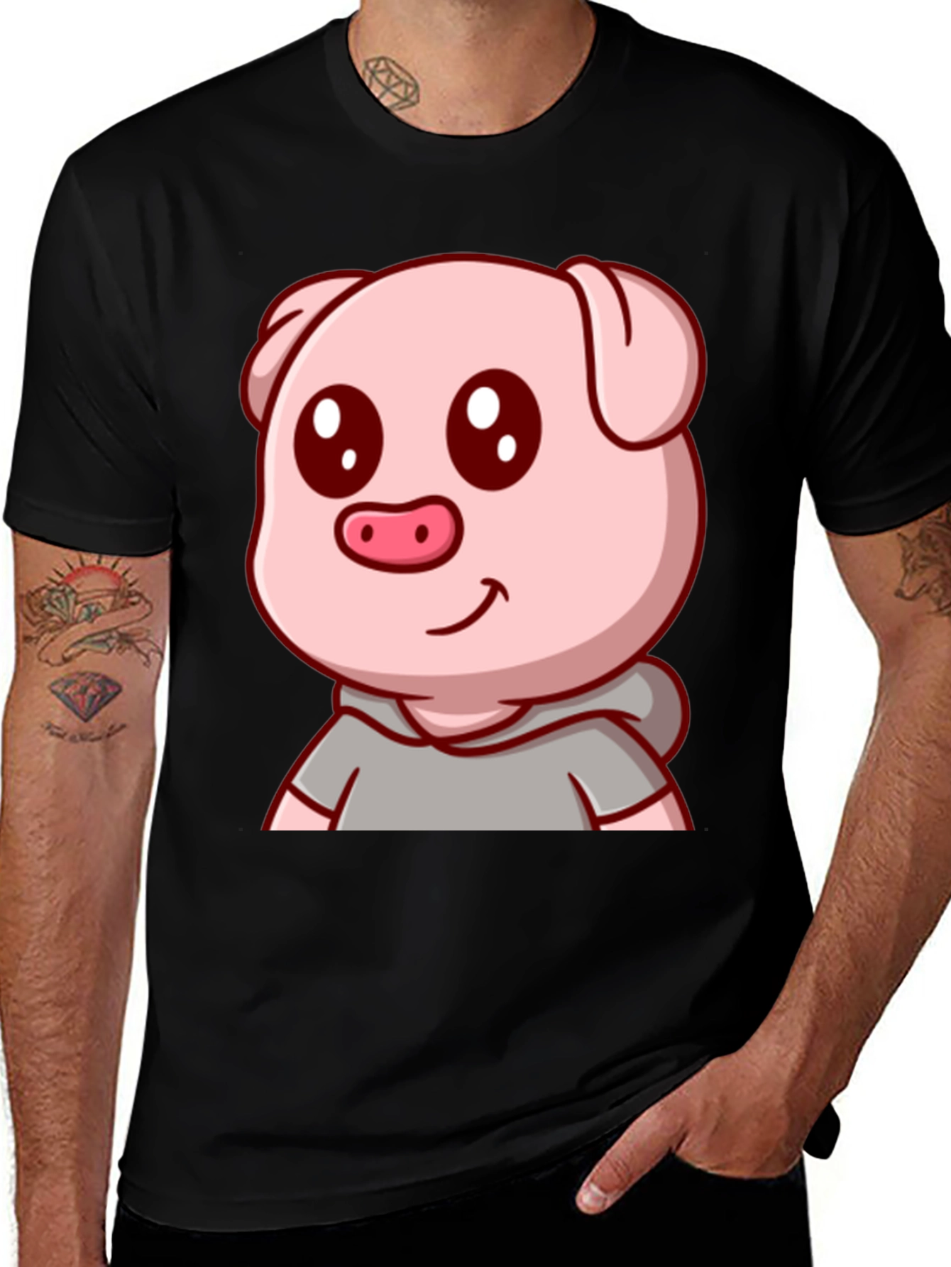 Cute Pig Cartoon Graphic Tee - Unisex Black T-Shirt