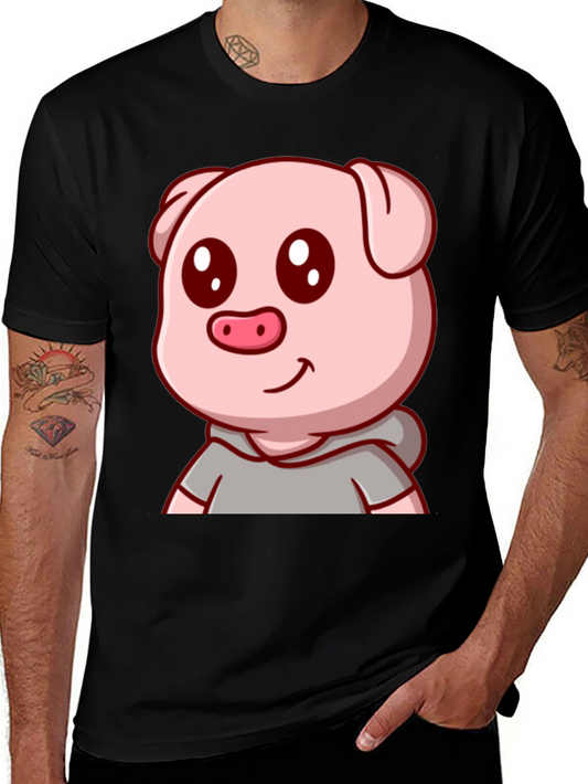 Cute Pig Cartoon Graphic Tee - Unisex Black T-Shirt