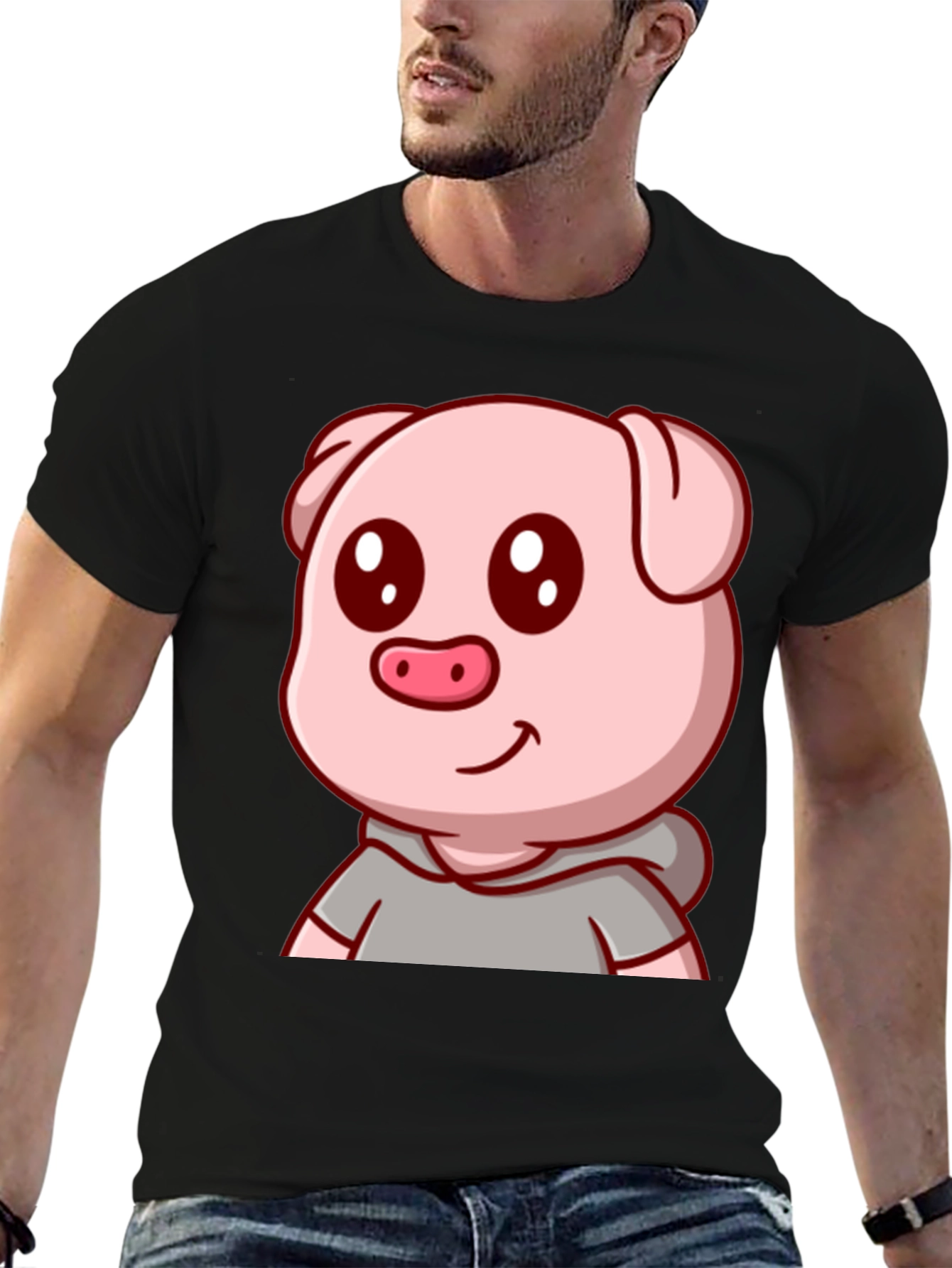 Cute Pig Cartoon Graphic Tee - Unisex Black T-Shirt