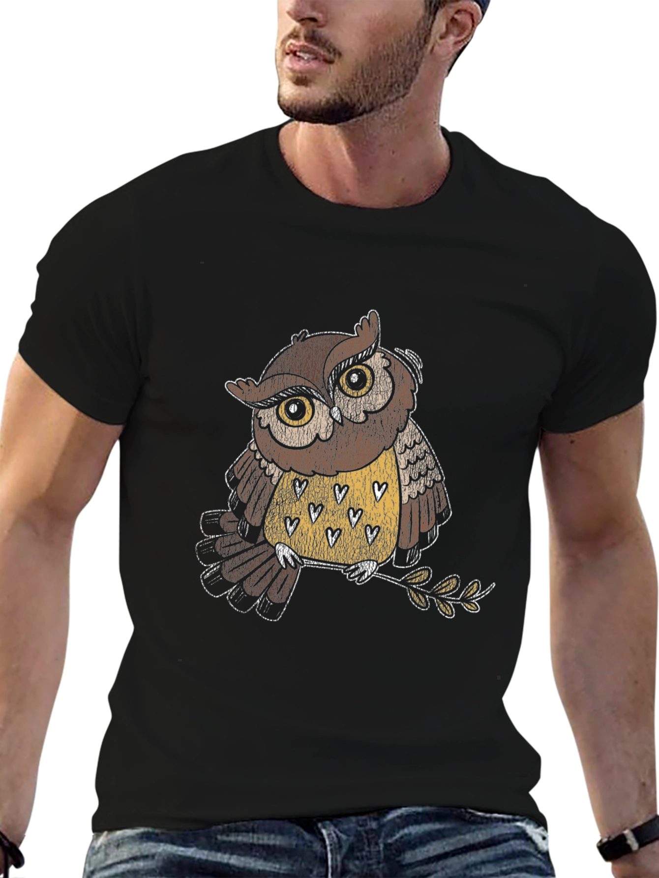 Owl Graphic Black T-Shirt - Mens Crew Neck Tee