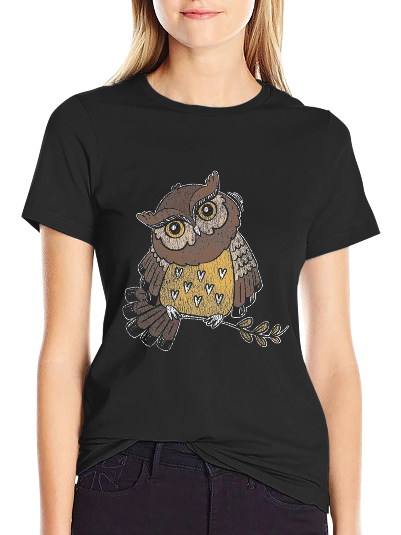 Owl Graphic Black T-Shirt - Mens Crew Neck Tee