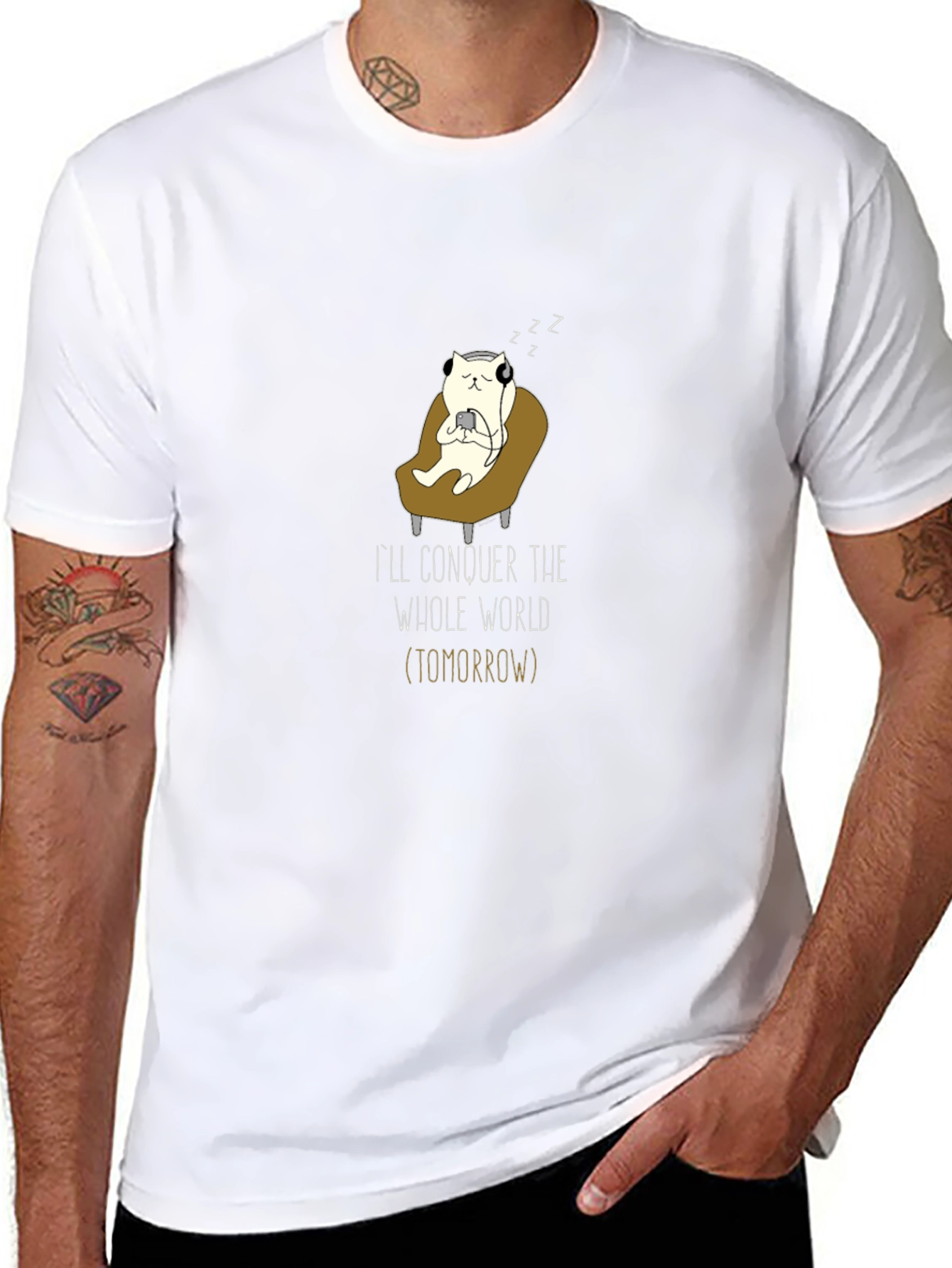 Conquer Tomorrow T-Shirt - Lazy Cat Gamer Design