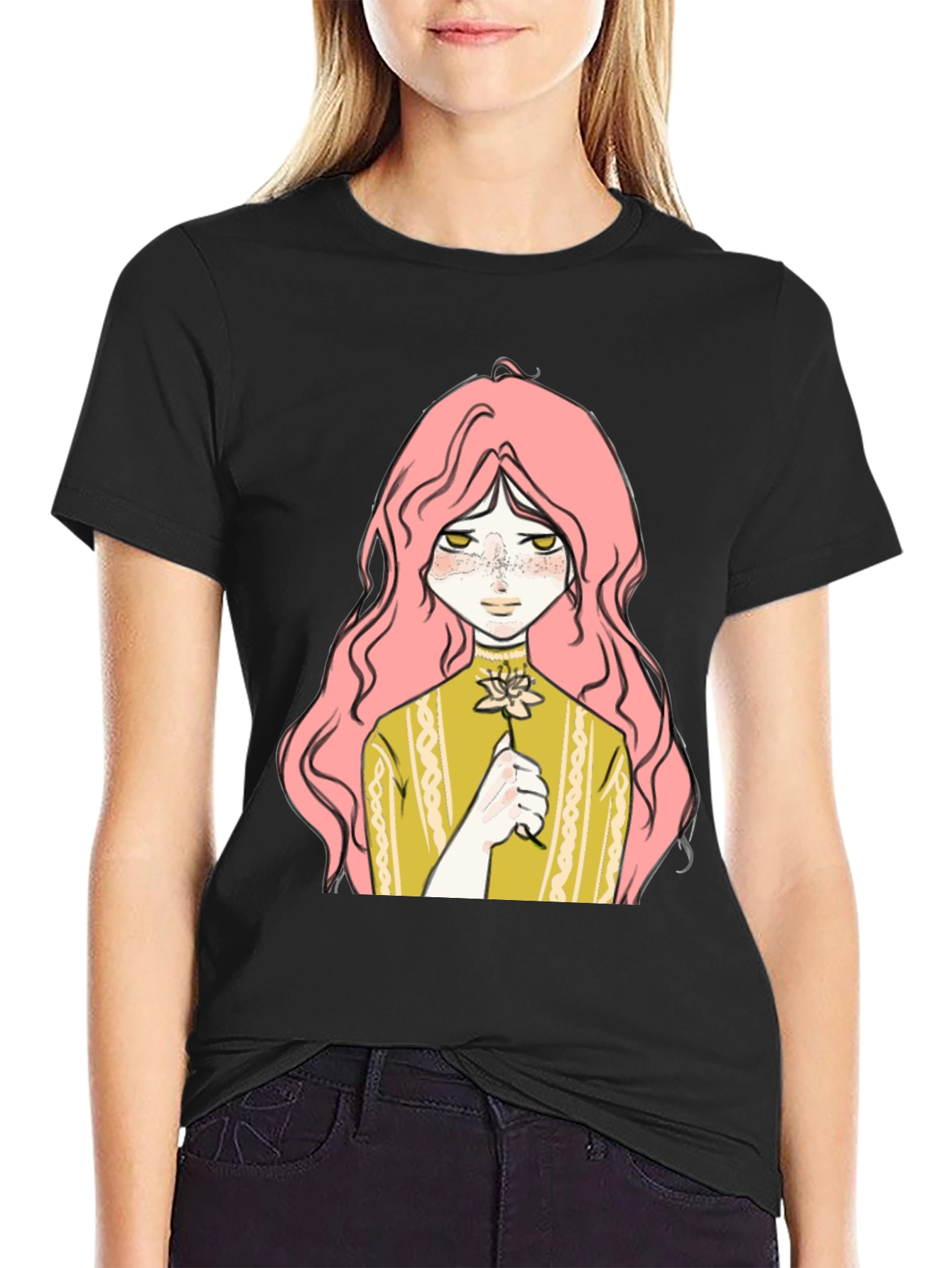 Anime Girl Flower Graphic Black T-Shirt