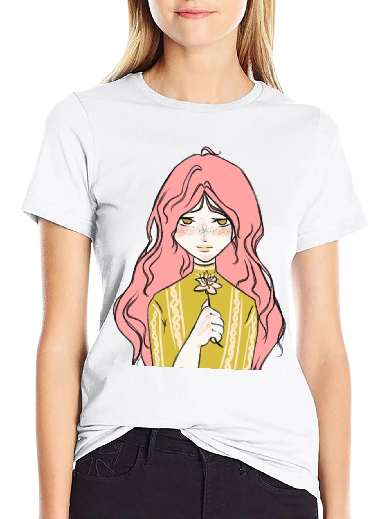 Anime Girl Flower Graphic Black T-Shirt
