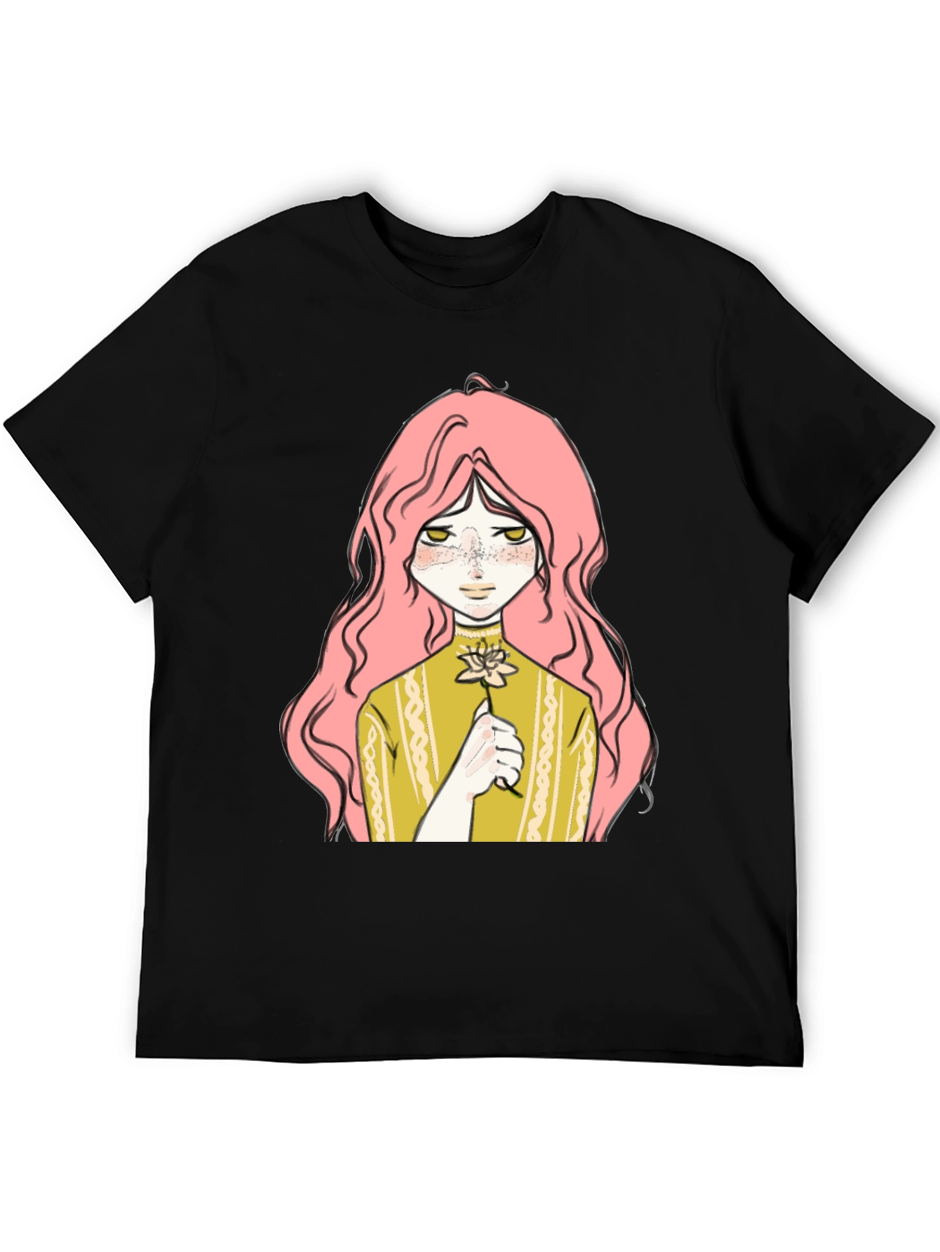 Anime Girl Flower Graphic Black T-Shirt