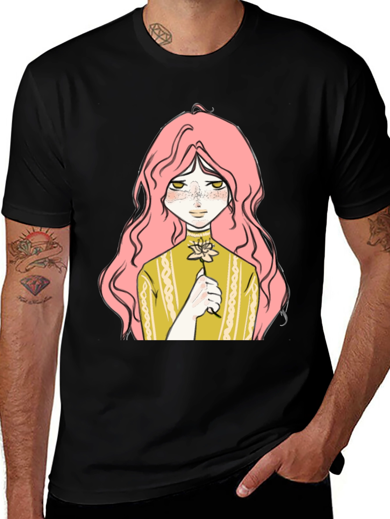 Anime Girl Flower Graphic Black T-Shirt