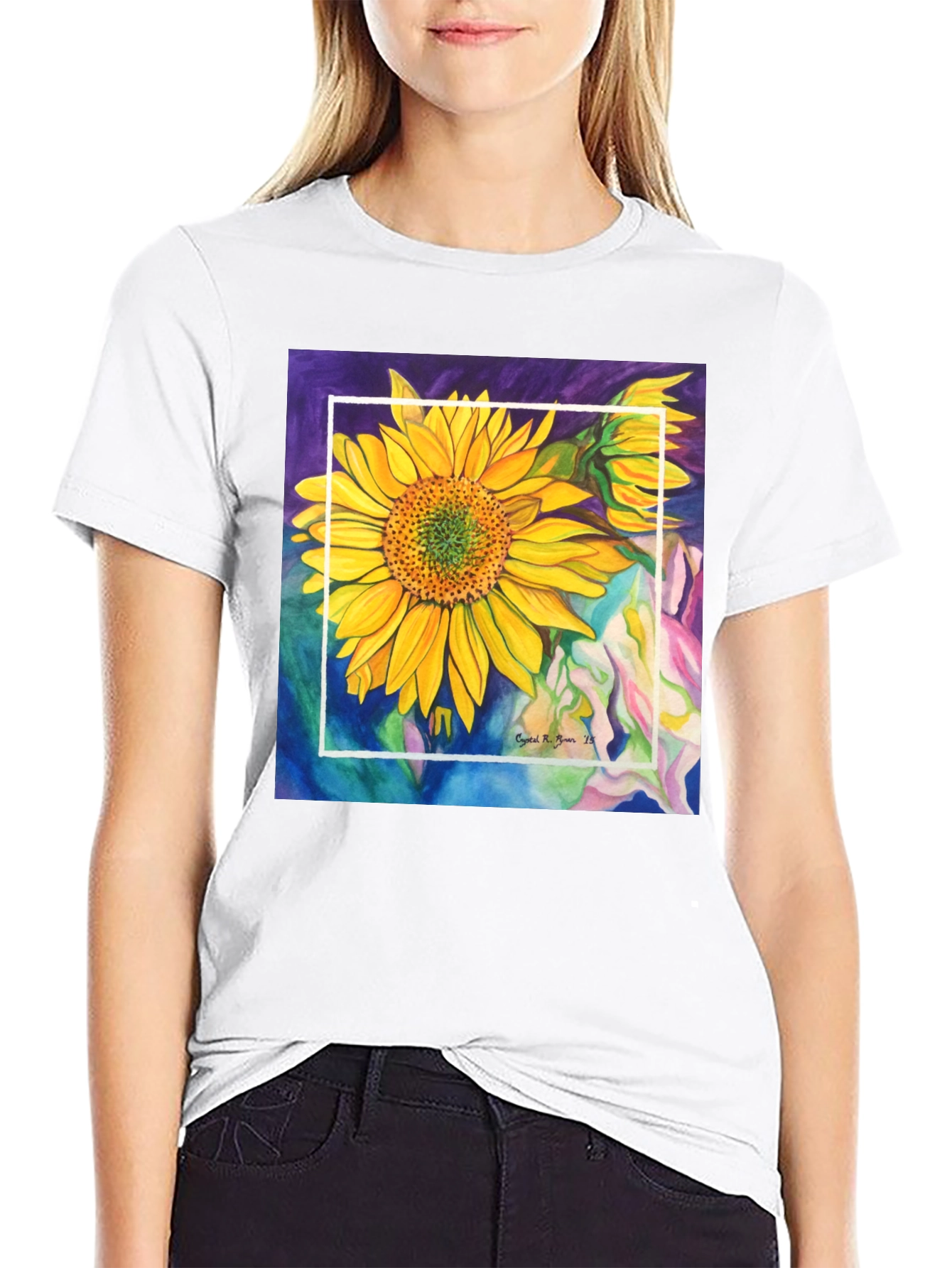 Sunflower Art Graphic Black T-Shirt