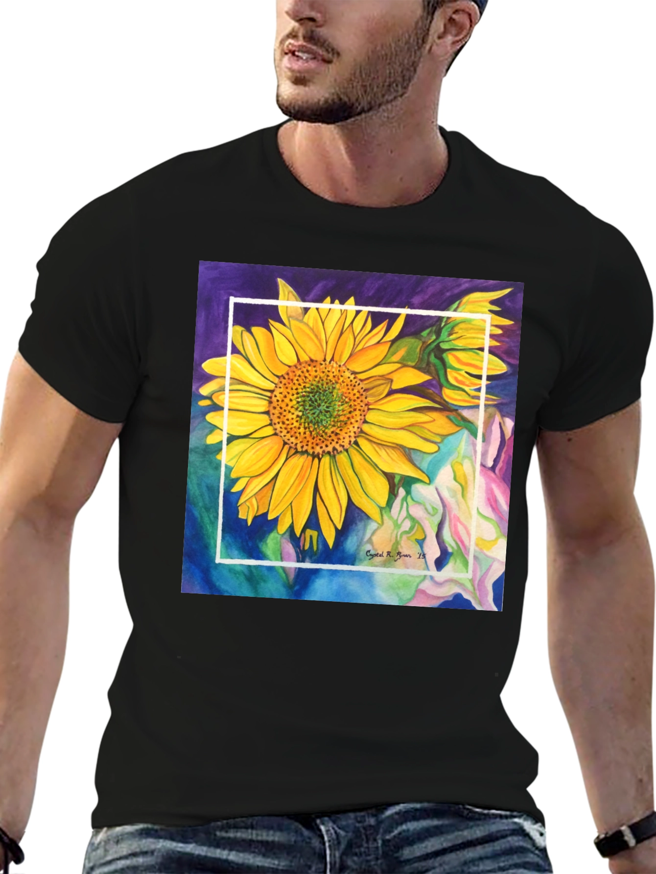 Sunflower Art Graphic Black T-Shirt